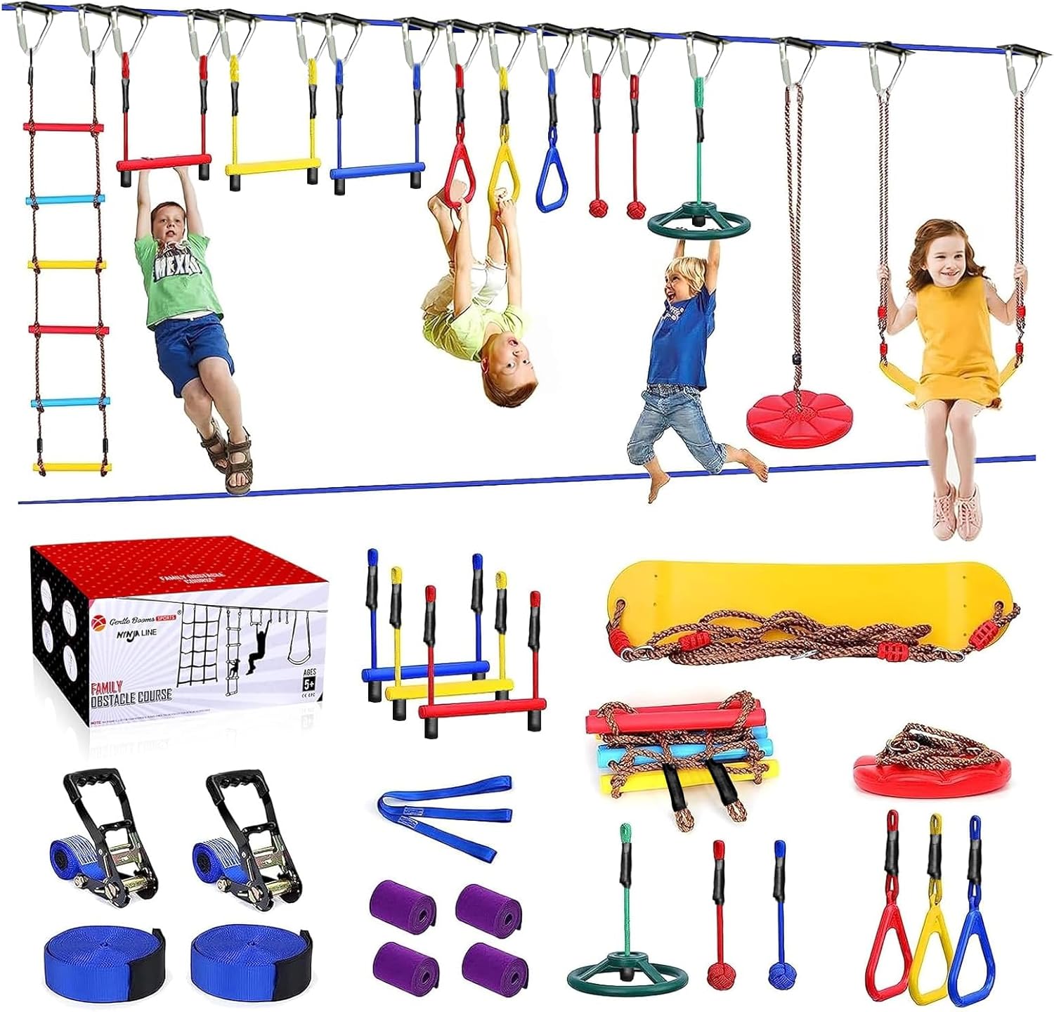 Ninja Warrior Obstacle Course for Kids Backyard-65ft Slackline Kit with 13 Obstacles, Upgraded Quick-Install Buckles No Threading, Install Anywhere, 900lbs Capacity, Easy Setup Backyard Playground Set