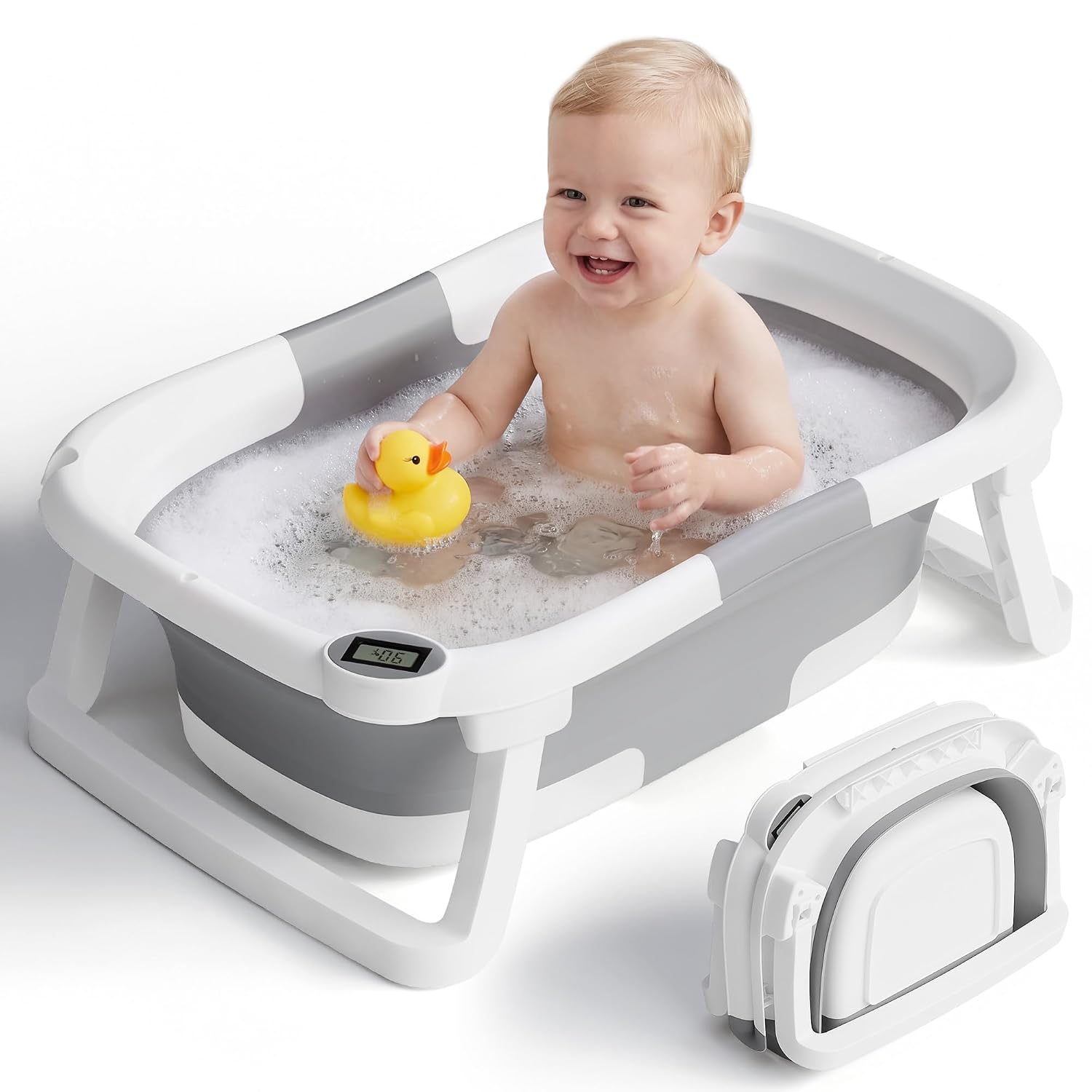 Collapsible Baby Bathtub with Thermometer, 0-36 Months, Grey | Real-time thermometer, quick drain plug, double-fold storage, PP+TPE tub, portable for home and travel