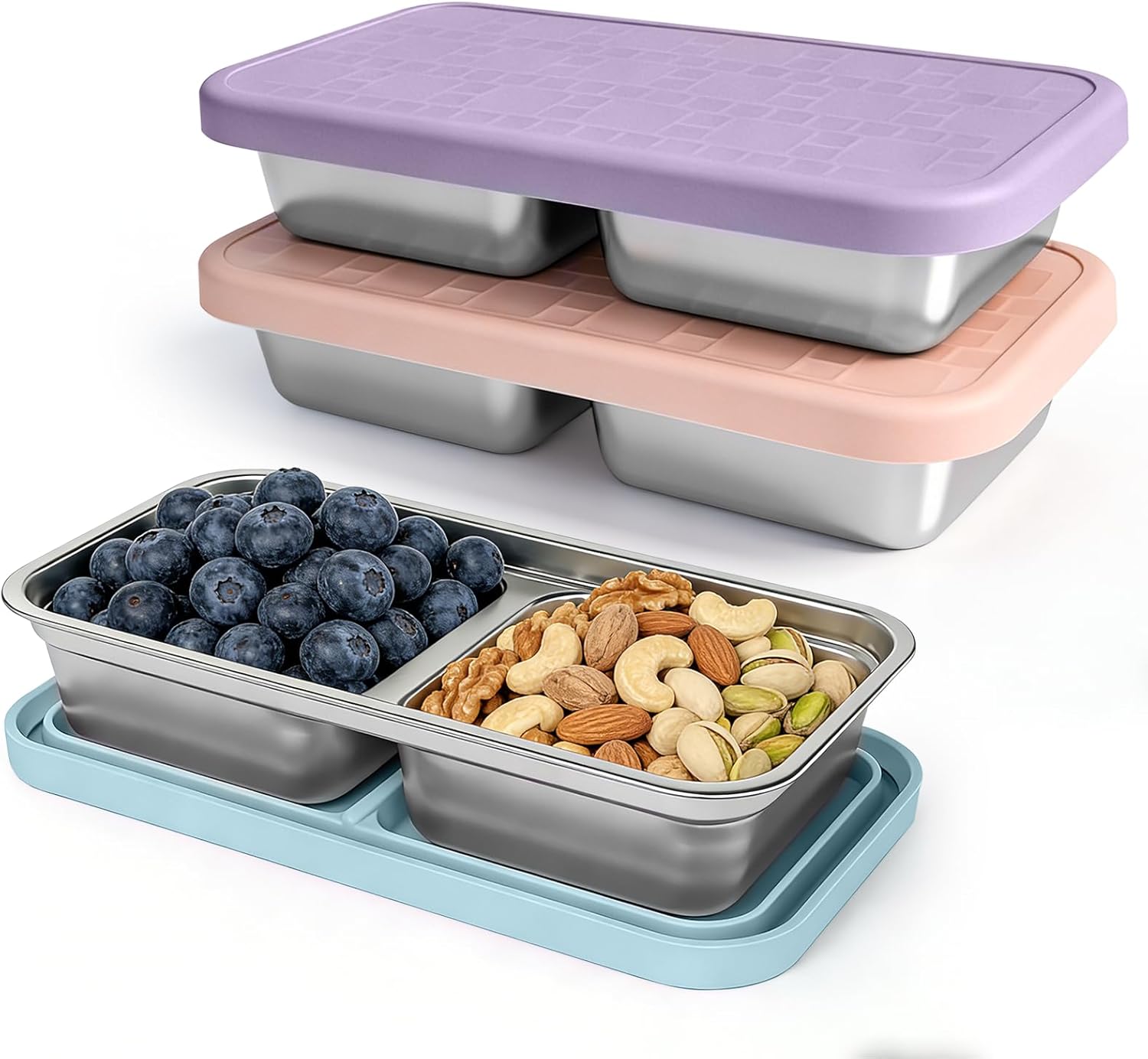 15 oz Snack Containers for Kids, Stainless Steel Lunch Box 3 Pack | Reusable Food Containers with Silicone leak resistant Lids. Perfect for School Lunch, Daycare, Travel and Portion Control