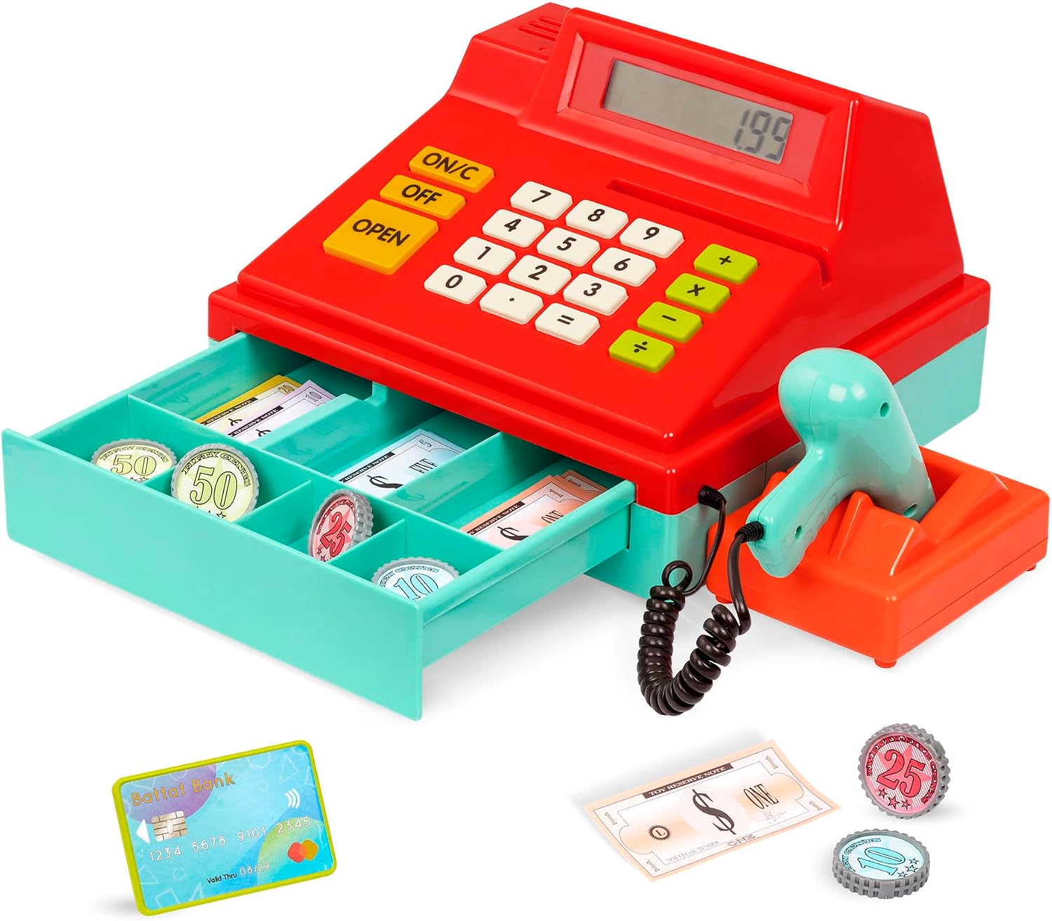 Battat Cash Register with Scanner | Calculating cash register with 1 scanner, 6 coins, 40 paper bills, 1 credit card, and a functional calculator, 3+ Years
