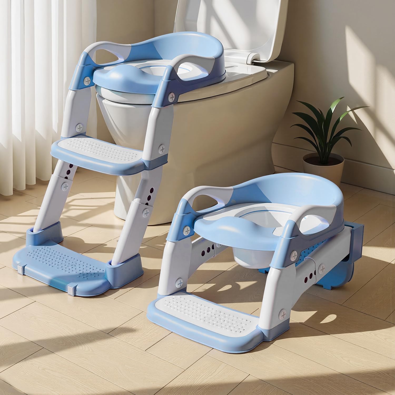 3-in-1 Potty Training Seat & Training Toilet & Potty Chair, Height AdjustableToddler Toilet Seat for Kids, Foldable Potty Training Toilet with Splash Guard & Anti-Slip Steps (Blue)
