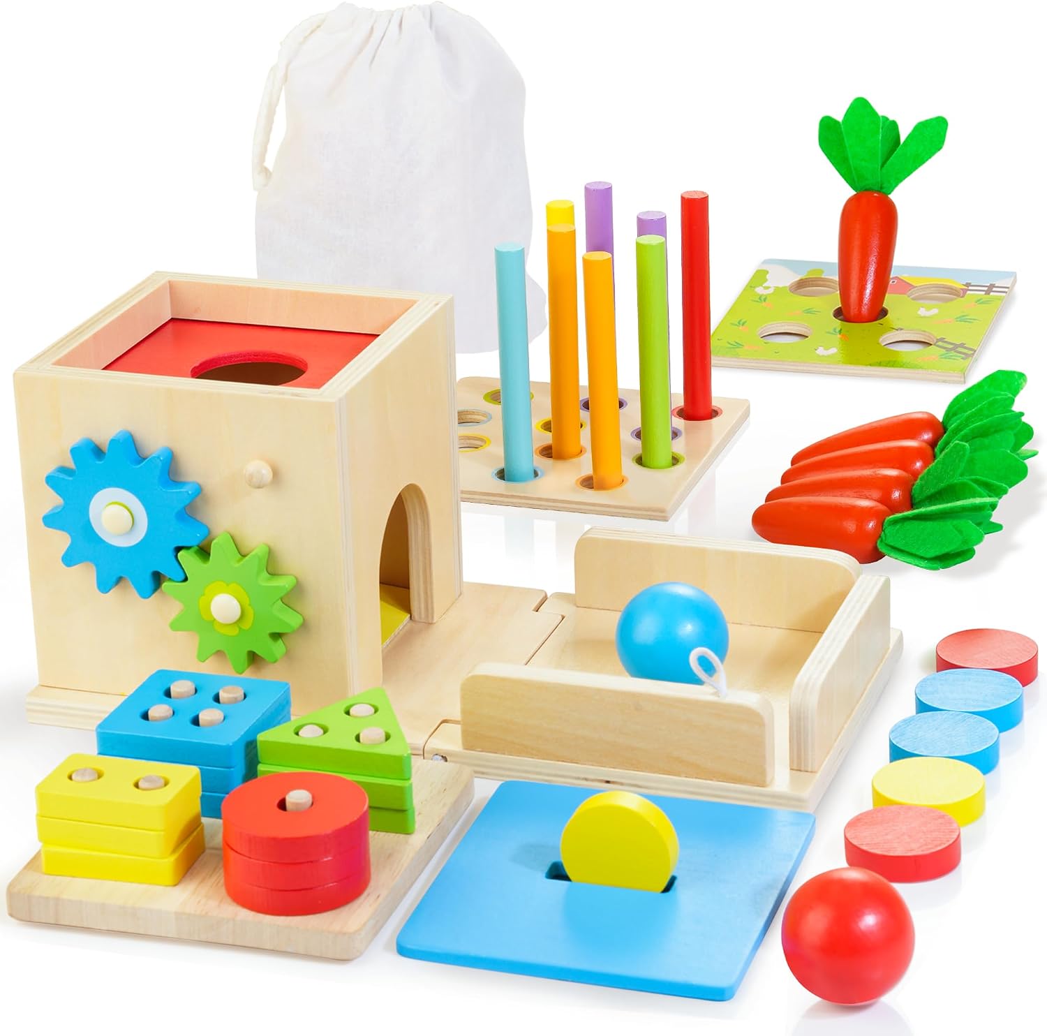 Kizfarm 8-in-1 Wooden Educational Play Kit, Montessori Toys for 1 Year Old | One Year Old Birthday Gifts, Object Permanent Box, Coin Box, Carrot Harvest, Shape Sorting & Stacking, Fine Motor Skills