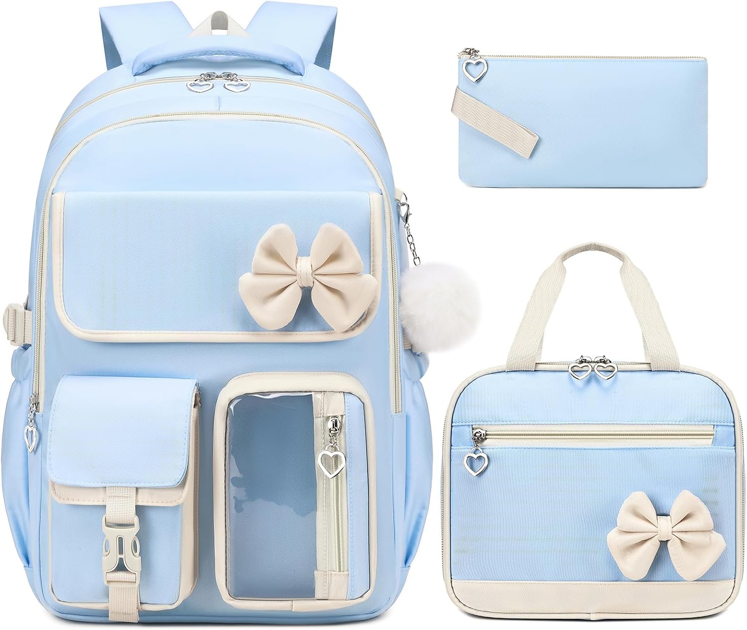 GeeWin Girls Backpack for School Cute Bow with Lunch Box & Pencil Case Set | 17 Inch Waterproof Girls Bookbag for Kids, Teens, Elementary Middle High College School Student