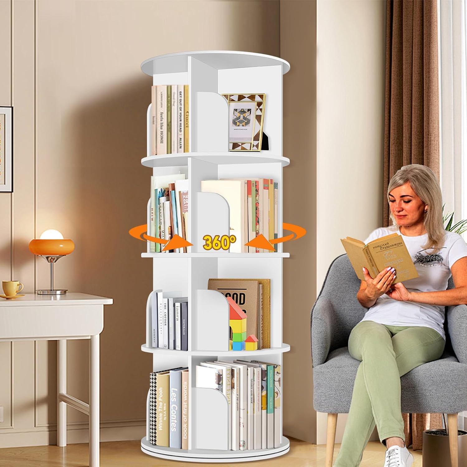 RUNSUNSPRI 4 Tier Rotating Bookshelf Tower Spinning Bookshelf | Revolving 360° Bookcase Storage Round Carousel, Vertical Rotate Turning Spiral Corner Organizer Lazy Susan, White