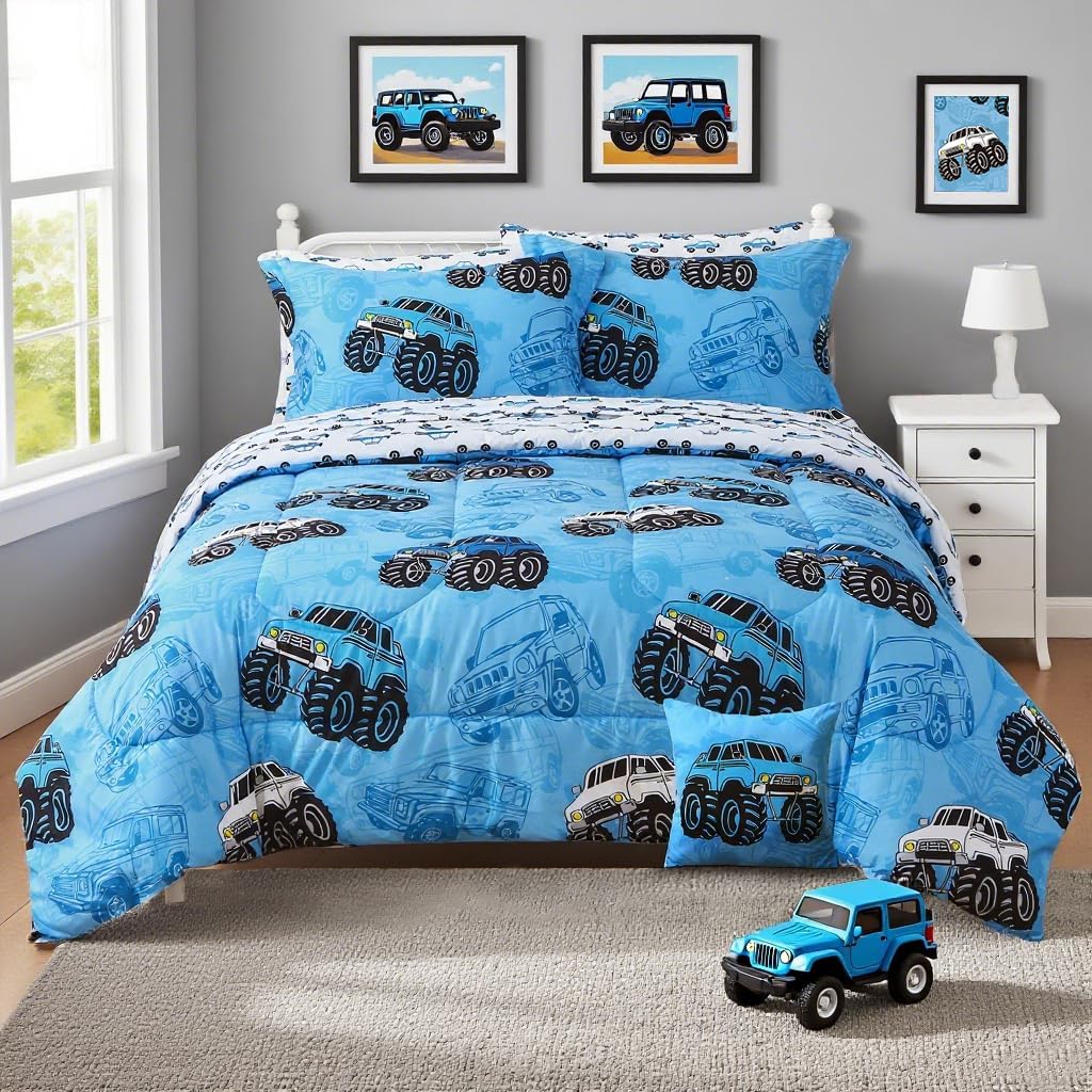 Kids Twin Comforter Sets for Boys 6 Pieces Truck Blue Bedding Set for Teens Soft Microfiber Kids Bed in A Bag with Comforter, Sheet Set, Shams and Decorative Toy Pillow All Season