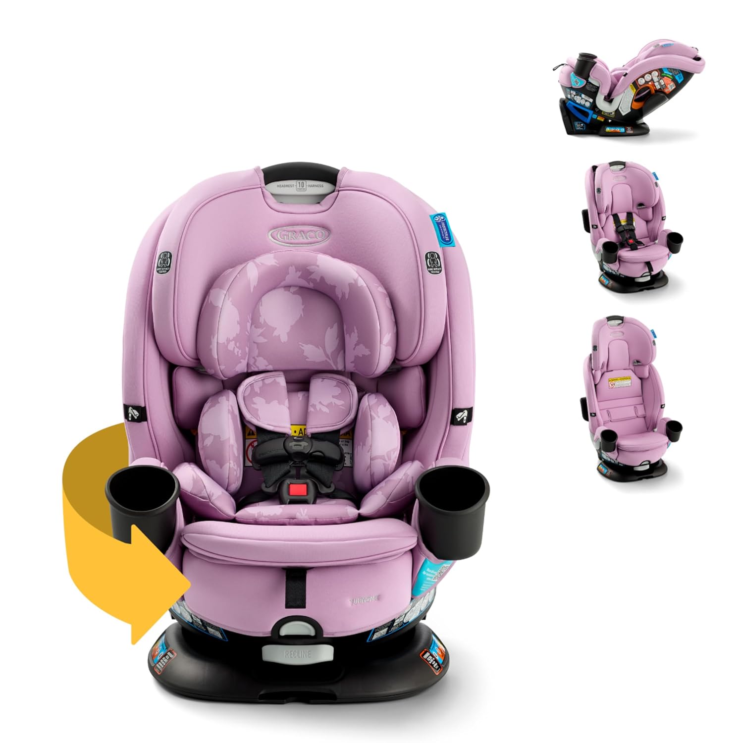 Graco® Turn2Me 3-in-1 Rotating Convertible Car Seat, Lilac Mod, Rear-Facing Rotation Only, Forward-Facing Mode, Highback Booster Up to 100 lbs, Adjustable Headrest & Harness, Steel Reinforced Frame