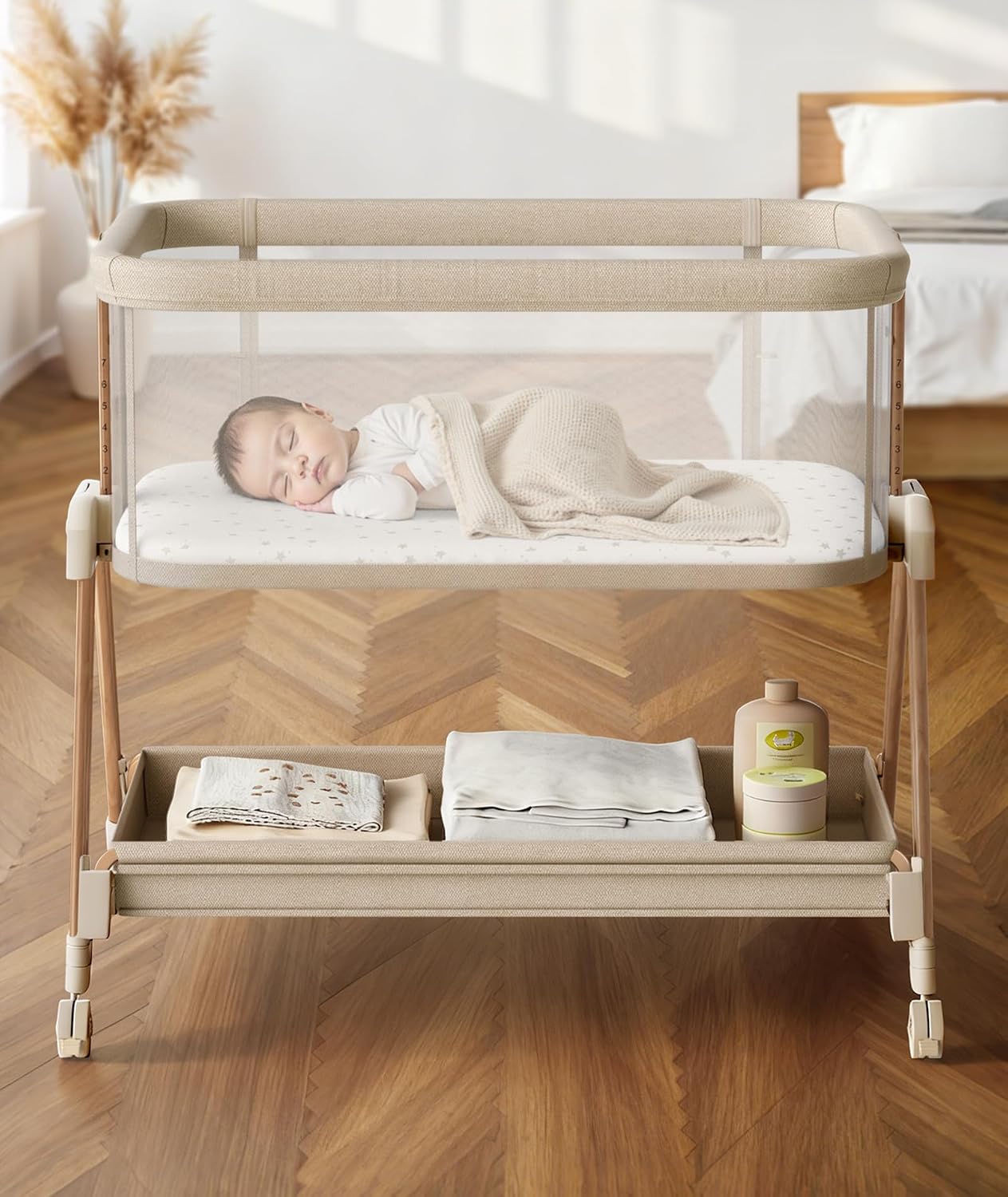 Fodoss Baby Bassinets Bedside Sleeper – 3-in-1 Baby Bassinet with Wheels, Soft Mattress, Storage Tray, Full-Mesh Sides, 7-Height Adjustable Crib for Newborns