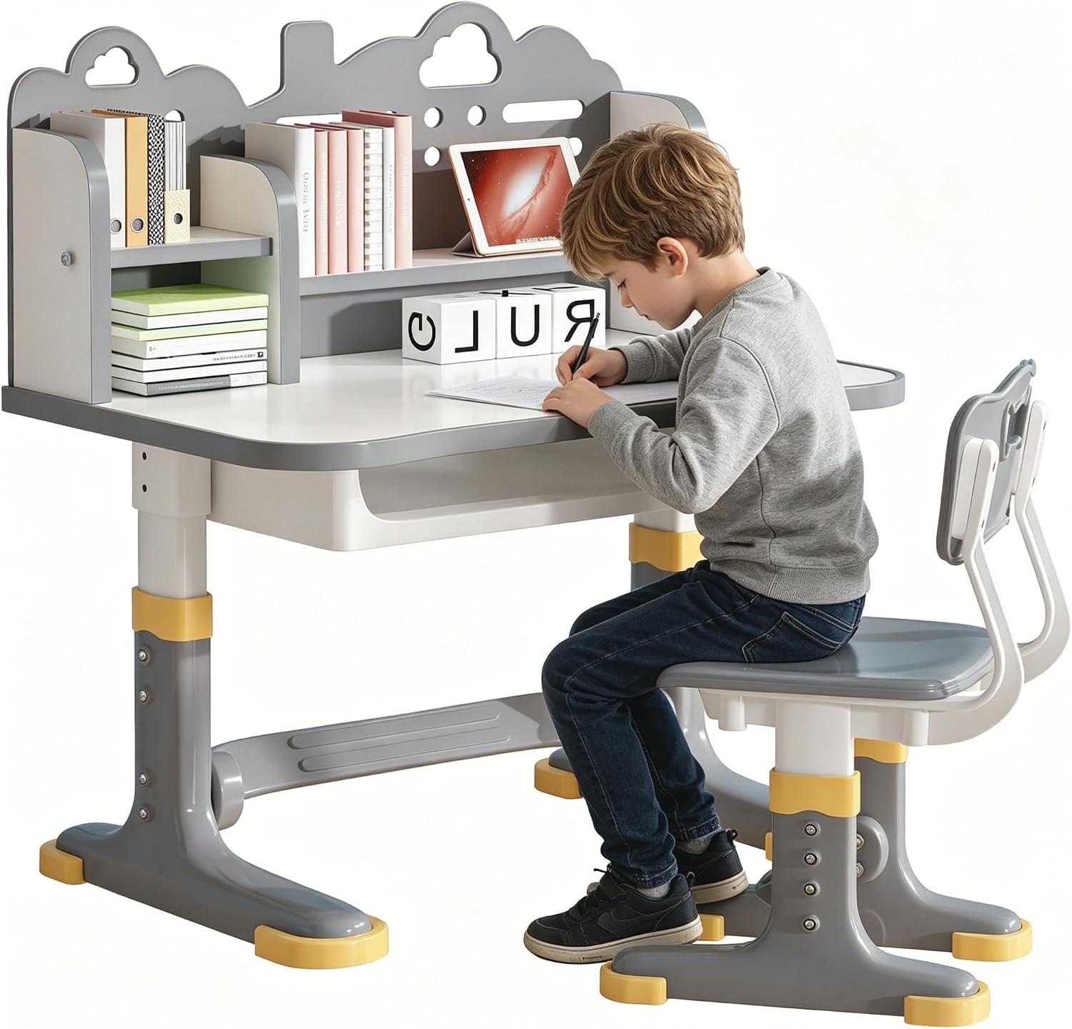 Kids Study Desk and Chair Set 3-12 – Height Adjustable Children Study Table | Ergonomic Chair | Widened Desktop | School Study Writing Art Desk with Bookstand and Storage Drawer for Boy & Girl (Grey)