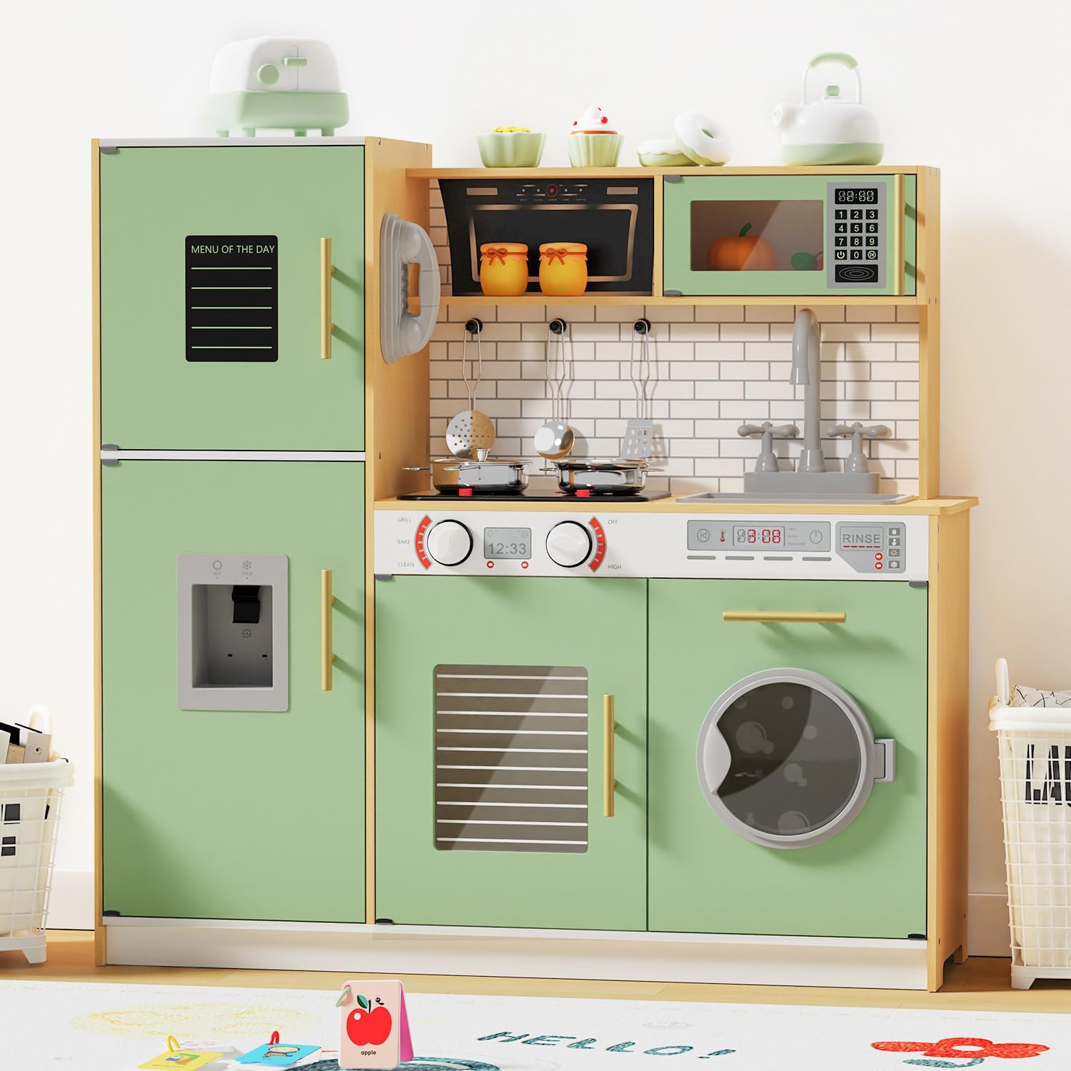 Babytronic Wooden Play Kitchen Sets for Toddlers Ages 3+ (Green) | with Washing Machine，Ice Maker, Play Phone,Range Hood,Faucet, Oven, Microwave, Stove & Accessories