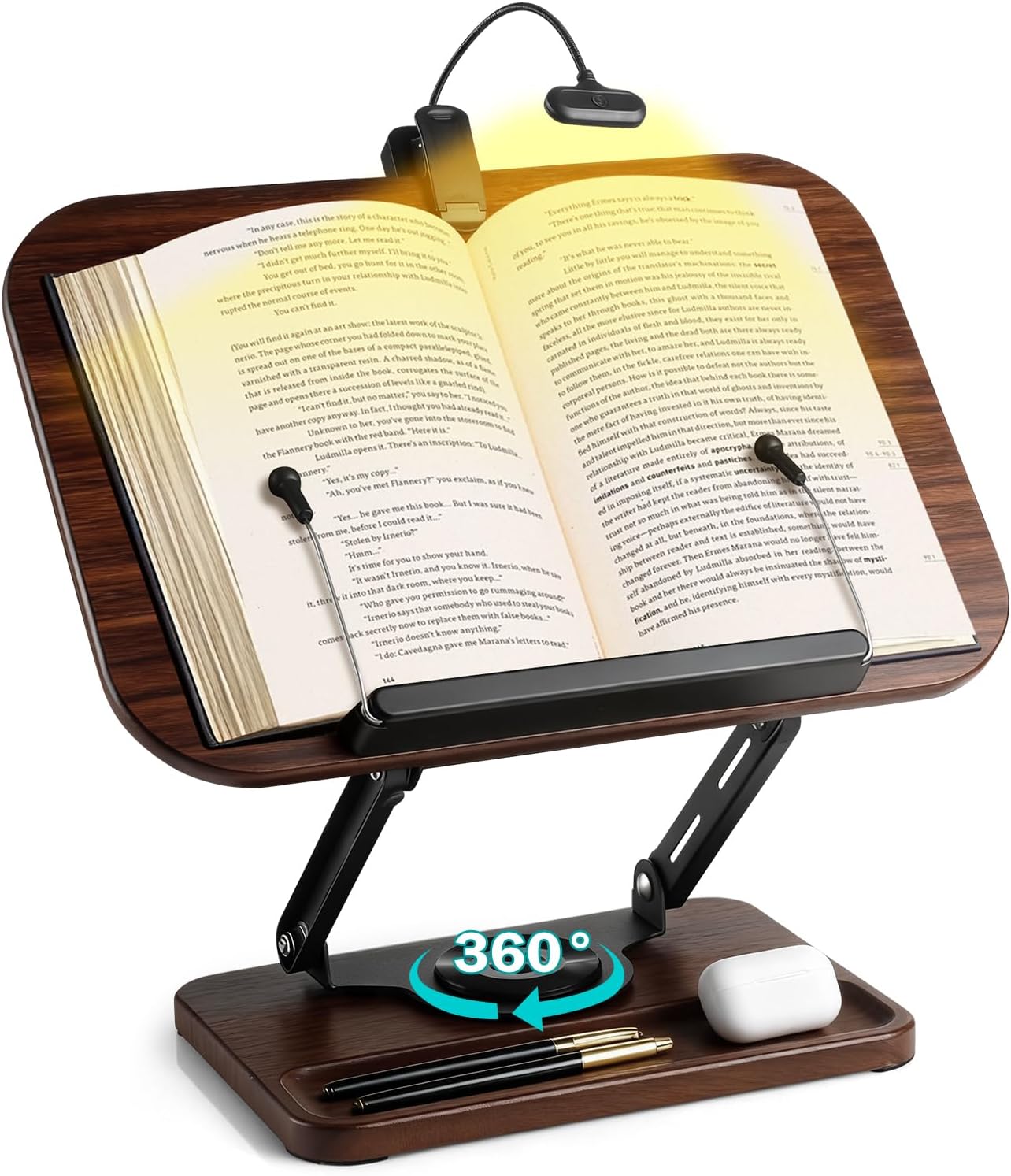 Book Stand with Light & Storage, Book Holders for Reading Hands Free | bible stand holder, wooden cookbook stand, adjustable Height, 360 °Angle, for Recipe Magazine Laptop Tablet Bible