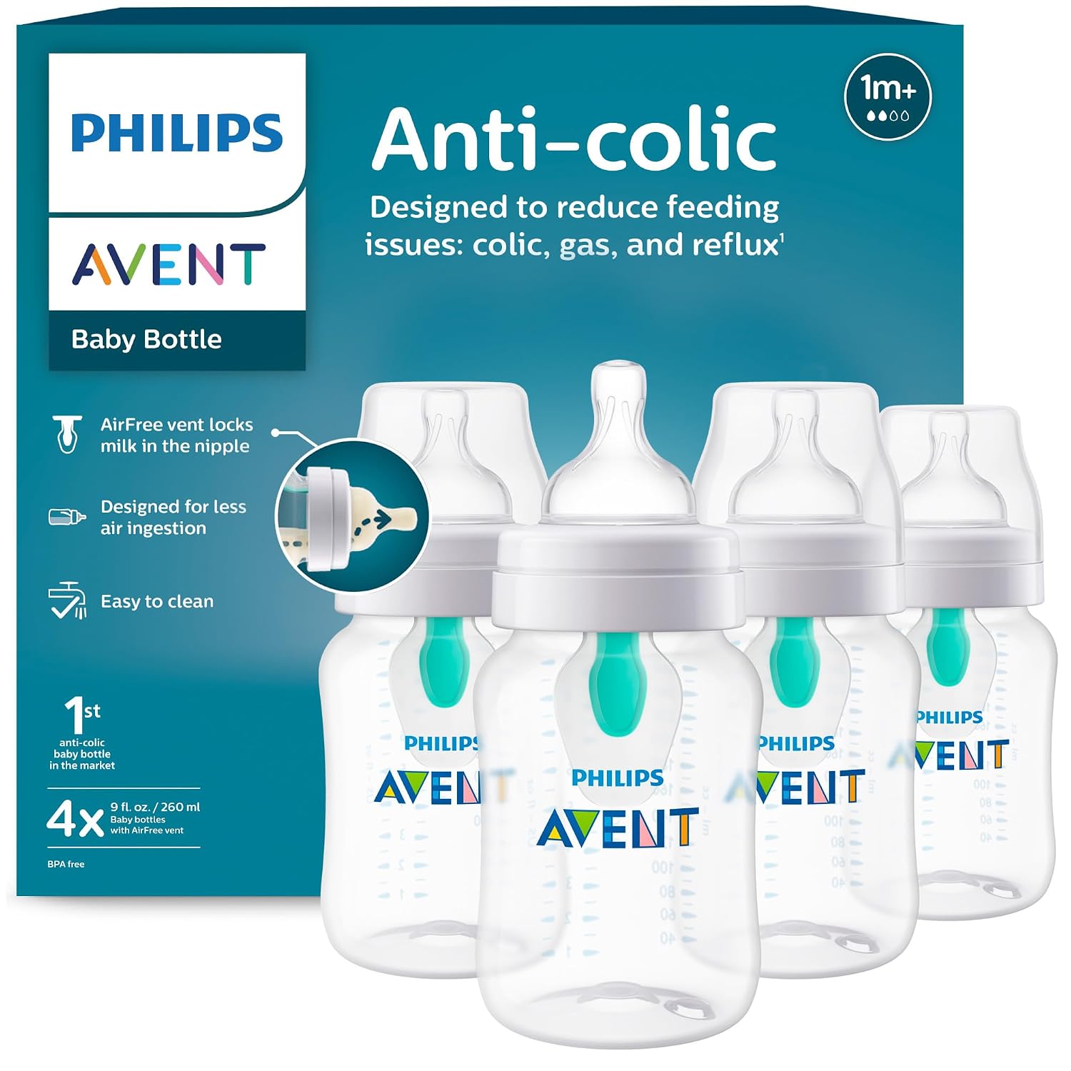 Philips Avent Anti-Colic Baby Bottle with AirFree Vent, Medium Flow, 9 oz | For Ages 1 Month+, Reduces Colic, Gas & Reflux, Flow 2 Nipple with Secure Latch System, BPA-Free, 4-Pack, Clear, SCY703/04