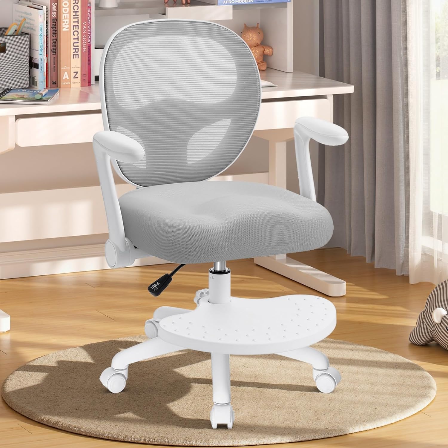 HOFFREE Kids Desk Chair Ergonomic Study Chair with Flipped Armrest and Footrest Adjustable Height Swivel Kids Computer Chair Mesh Desk Chair for Boys Girls Children at Home Bedroom Study Room Grey