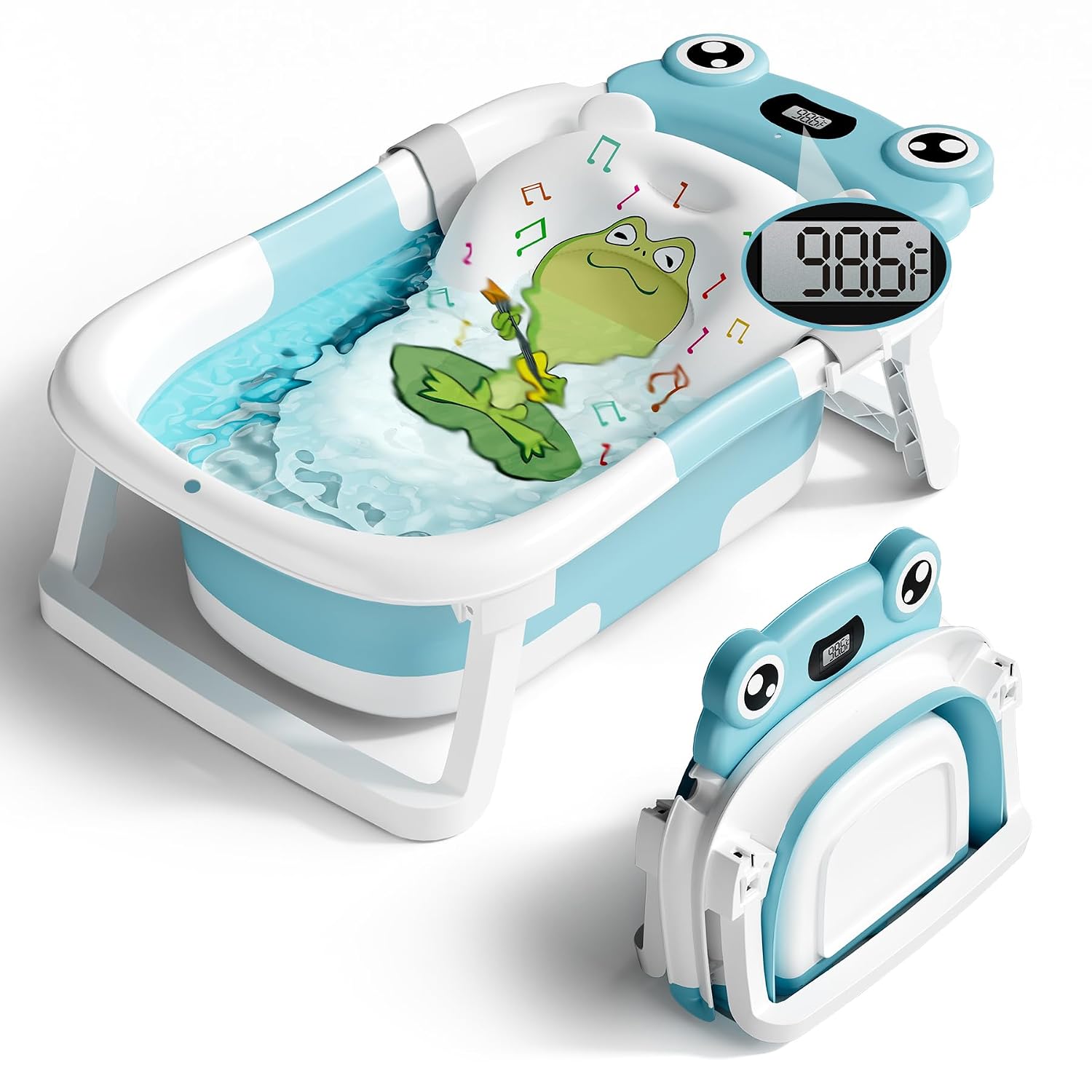 BUNWAG Baby Bathtub, Collapsible Newborn Bathtub for Infant to Toddler with Soft Cushion and Thermometer,Portable Travel Newborn Tub with No-Slip Feet, Baby Shower Gifts, 0-12 Months Baby Bath, Blue