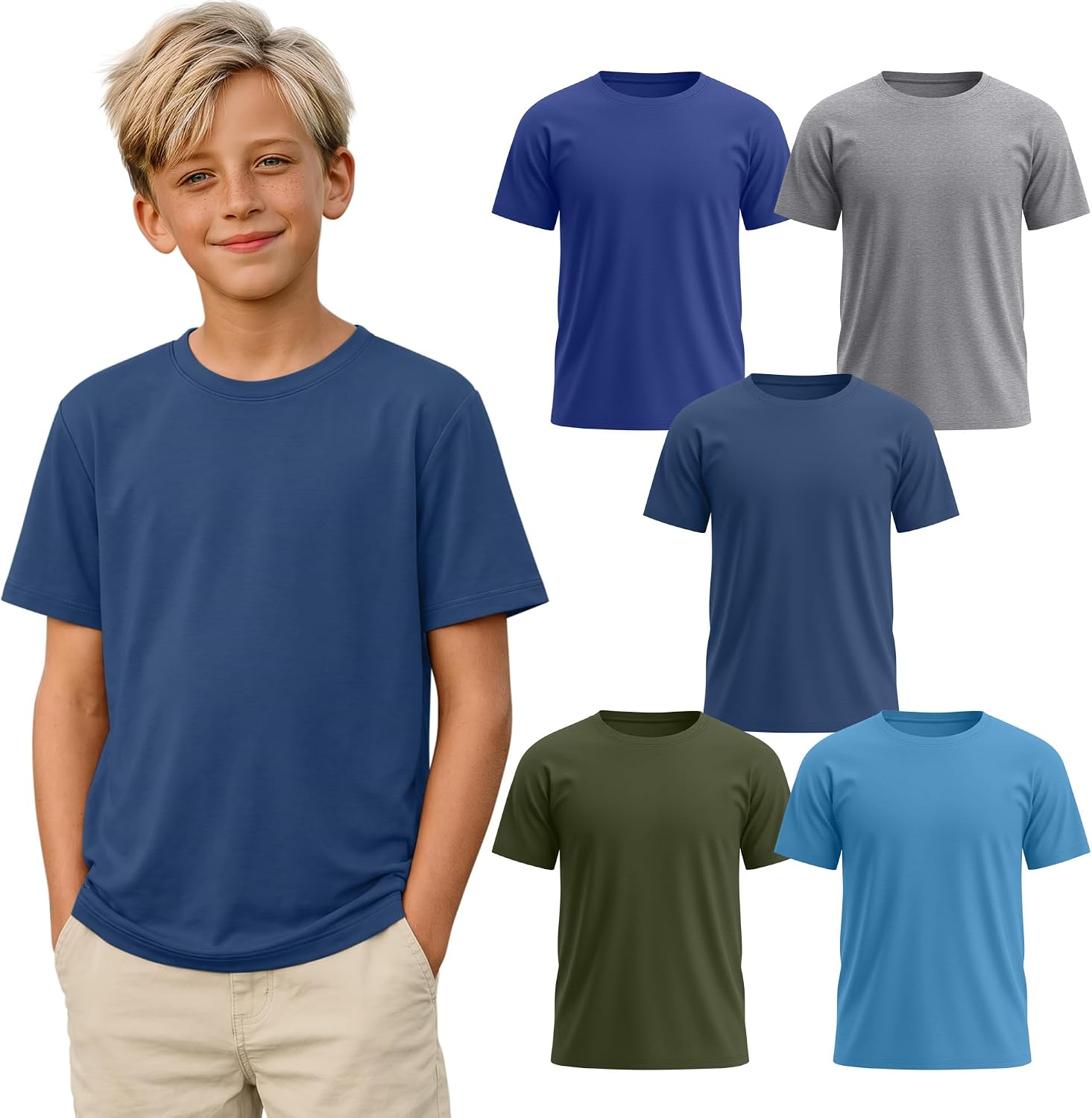 5 Pcs Boys Basic T Shirts | Kids Tees, Short Sleeve Tops, Crew Neck Shirts, Loose Fit, Lightweight, Soft, Athletic, School, Summer, for 5-16Y