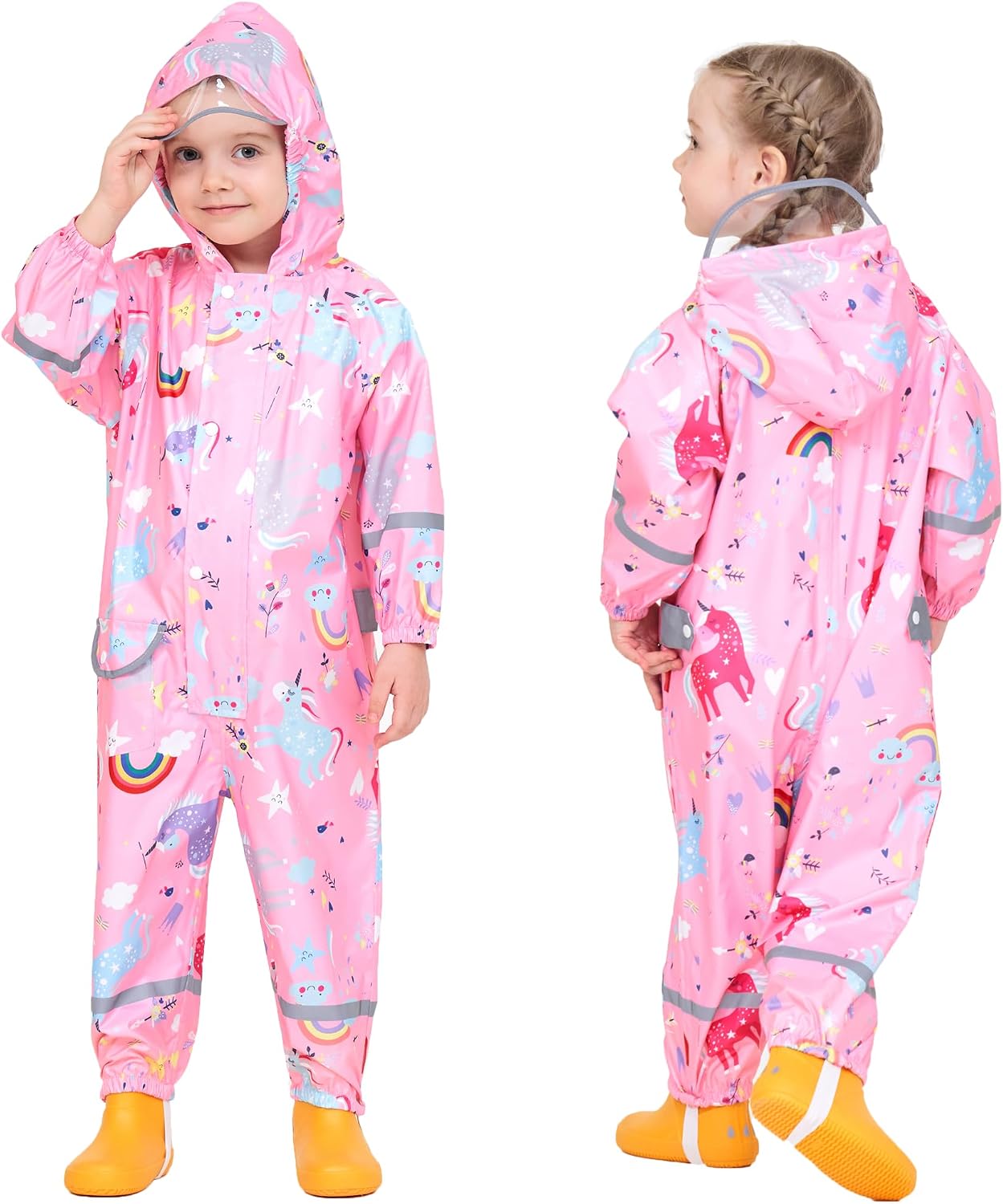 Kids Rain Suit for Boys Girls Toddler Raincoats One Piece Hoodie Cartoon Coverall Waterproof Rainwear 1-10 Years
