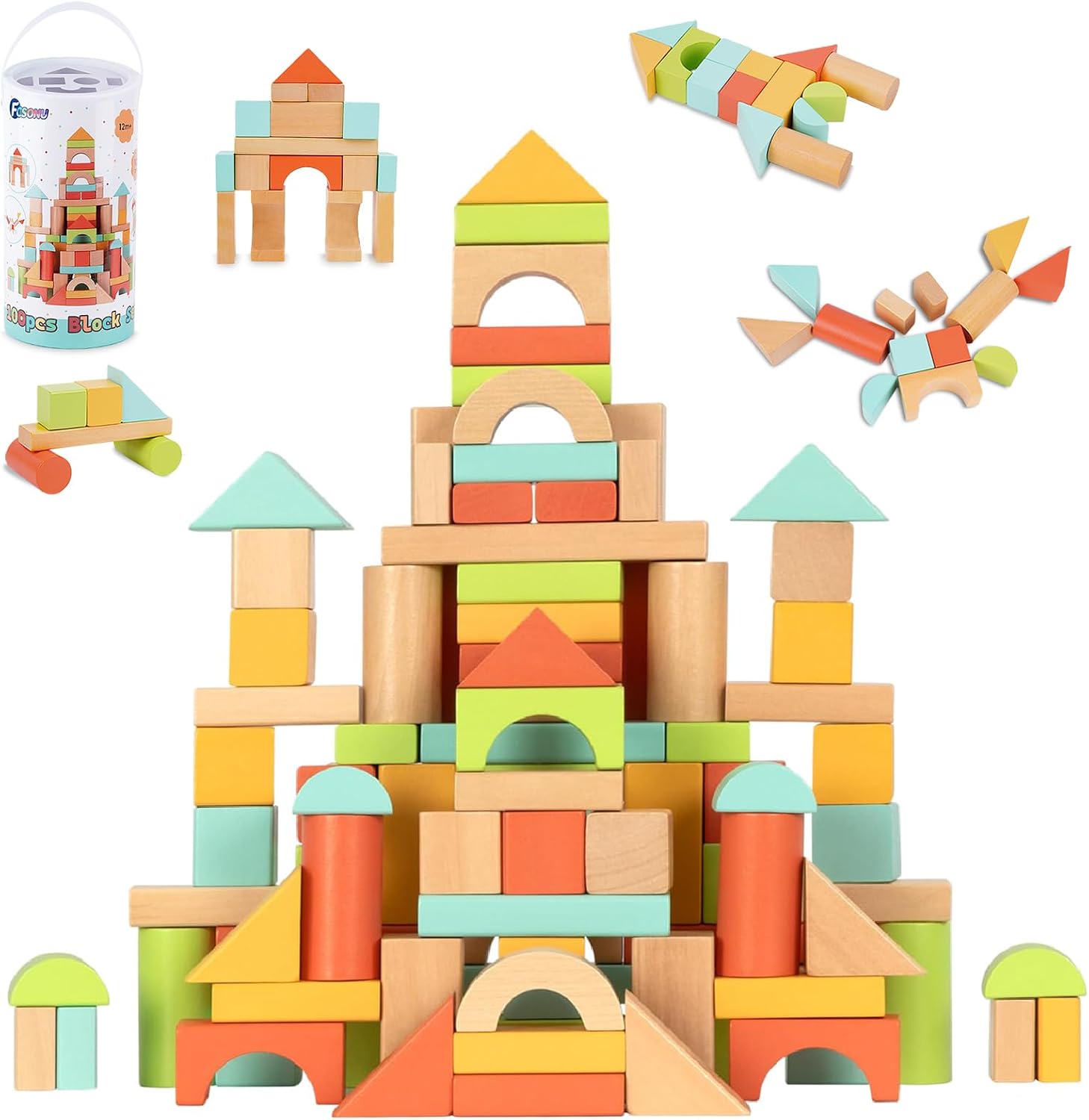 FCSONU Wooden Building Blocks for Toddlers 1-3, 100Pcs Kids Wood Blocks Set | Wooden Blocks for Toddlers 3-5, Montessori Building Toys&Stacking Toys, Easter Christmas 1st Birthday Gifts for Boy Girl Baby