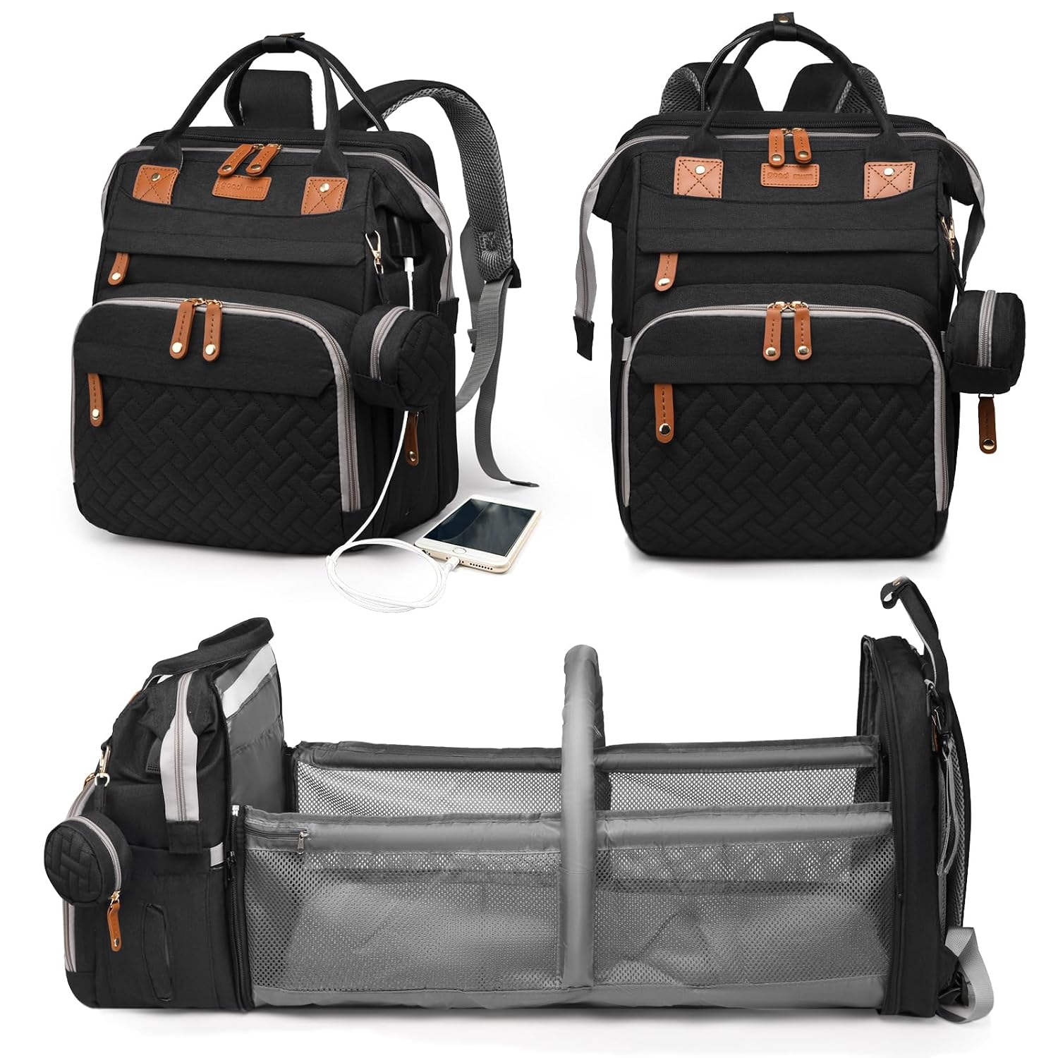 Baby Diaper Bag with Changing Station, Waterproof Diaper Bag Backpack for Moms Dads with USB Charging Port, Baby Shower Gifts, Baby essentials, Black