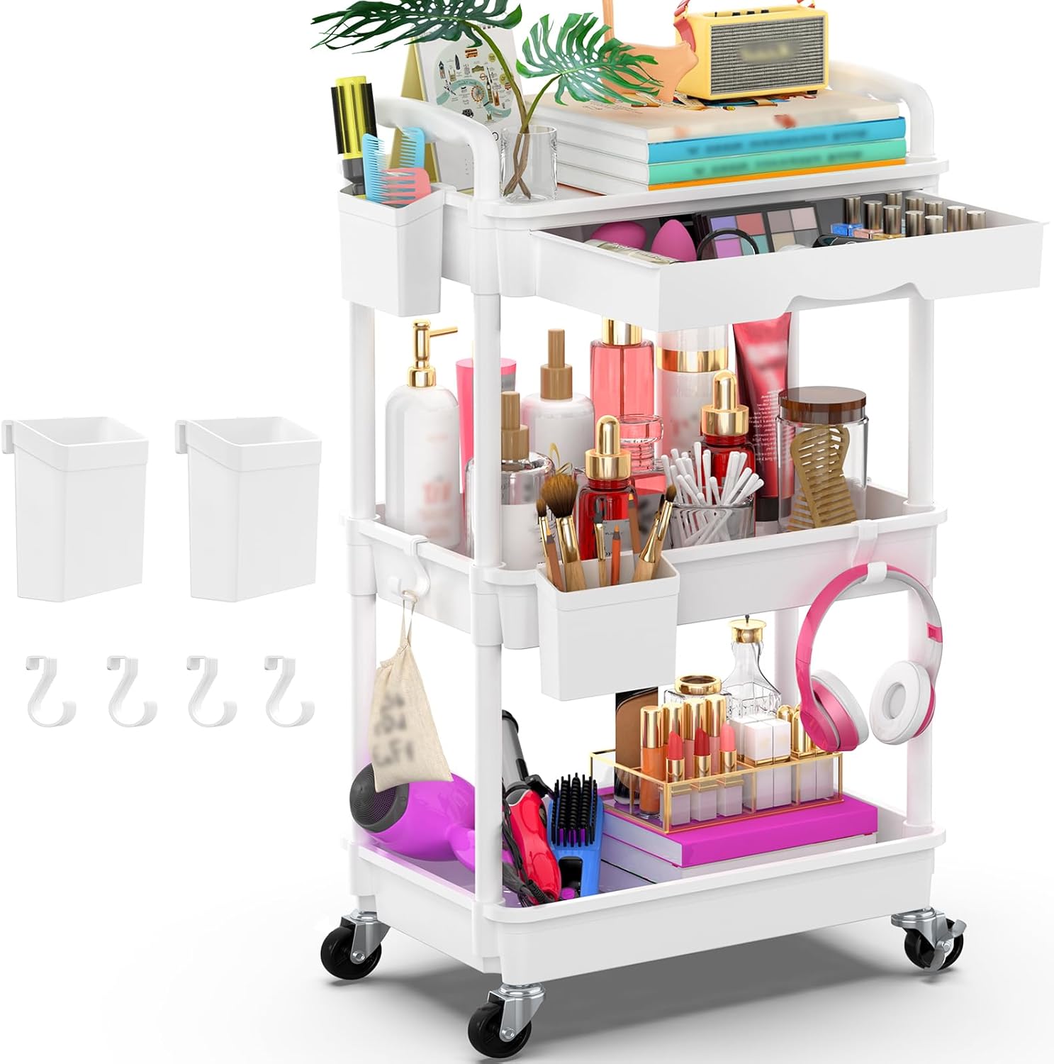 Goovilla 3 Tier Rolling Utility Cart Organizer with Removable Drawer, White | Stable and Sturdy Rolling Storage Carts with 2 Lockable Wheels for Bathroom, Kitchen, Snack, Craft, Makeup, Baby Essentials