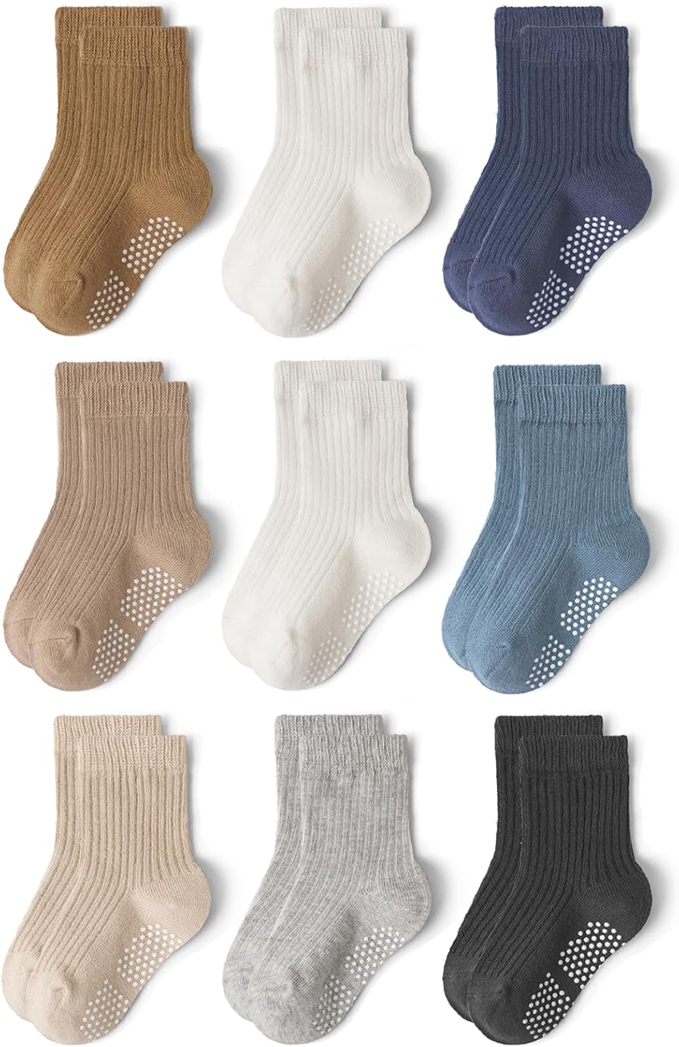 Baby Toddler Essentials Non-Slip Crew Socks for Unisex Boys Girls | Full-Sole Silicone Grips,Combed Cotton,9 Pairs Neutral Colors,Reinforced Heel & Toe,Elastic Cuff,Machine Washable