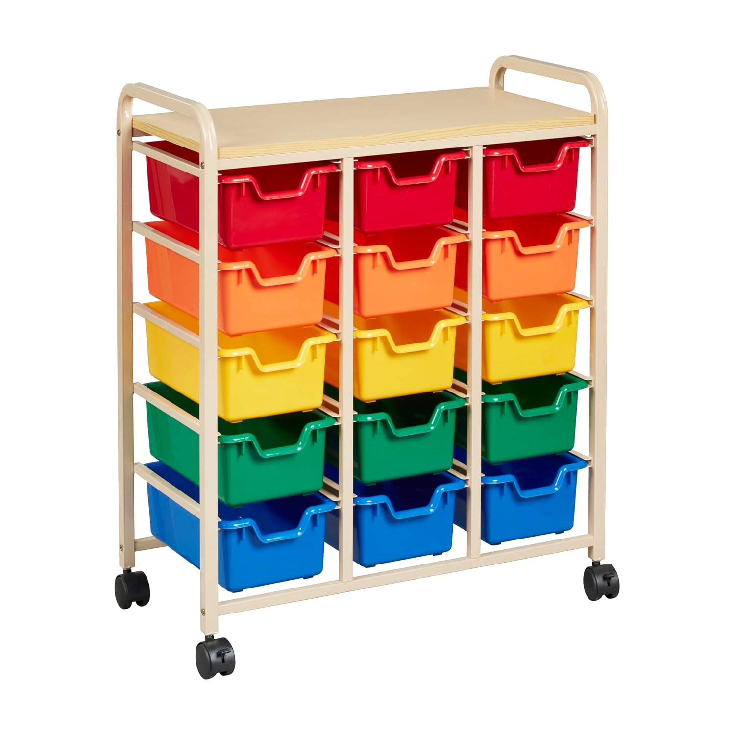 ECR4Kids 15-Bin Mobile Organizer with Shelf, Removable Bins, Sand/Assorted | Durable plastic bins, steel frame, GREENGUARD Gold Certified, 75 lb capacity, rolling casters, craft supplies, classroom/home