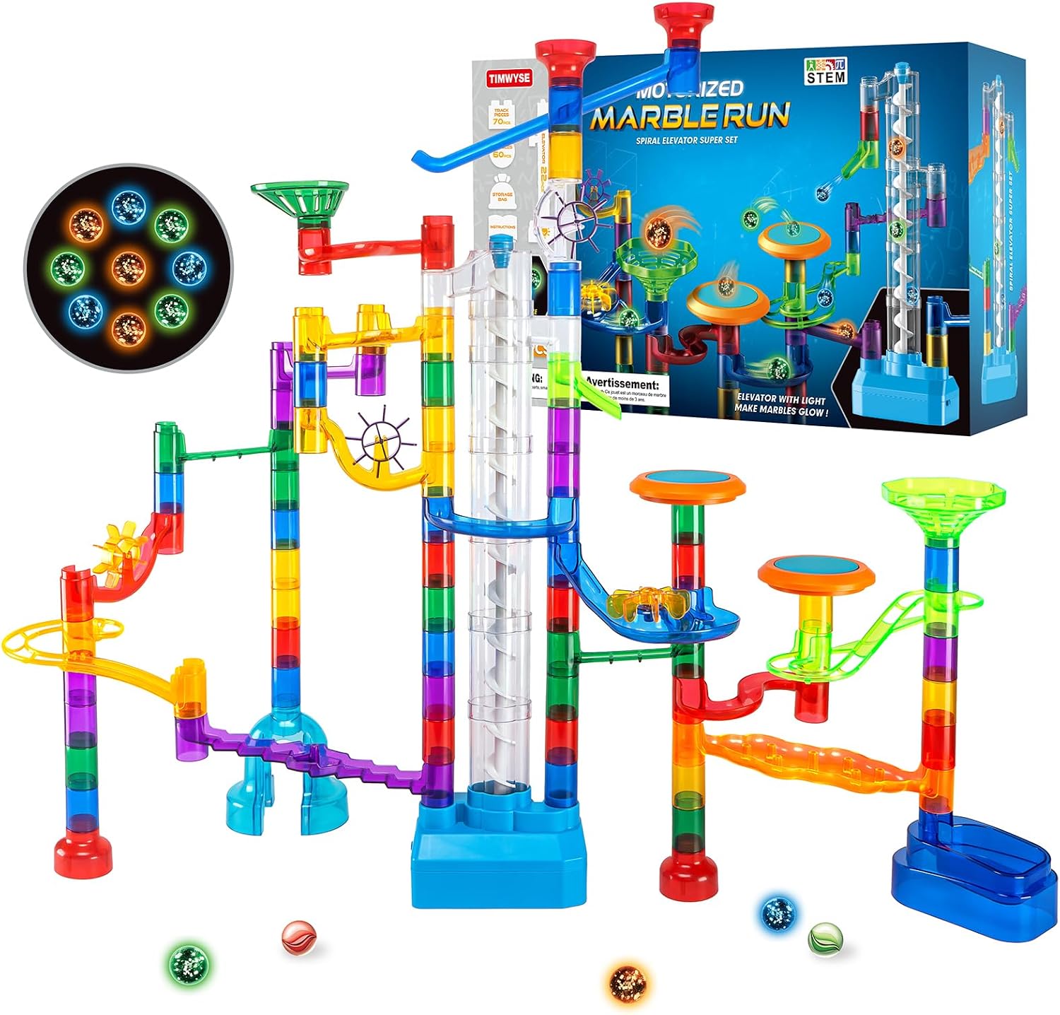 152pcs Glowing Marble Run Kit with Double Tracks Motorized Spiral Lift,2 Stunt Trampolines,30 Glow in The Dark Plastic Marbles & More. Building Project Toys, STEM Gifts for Boys&Girls.