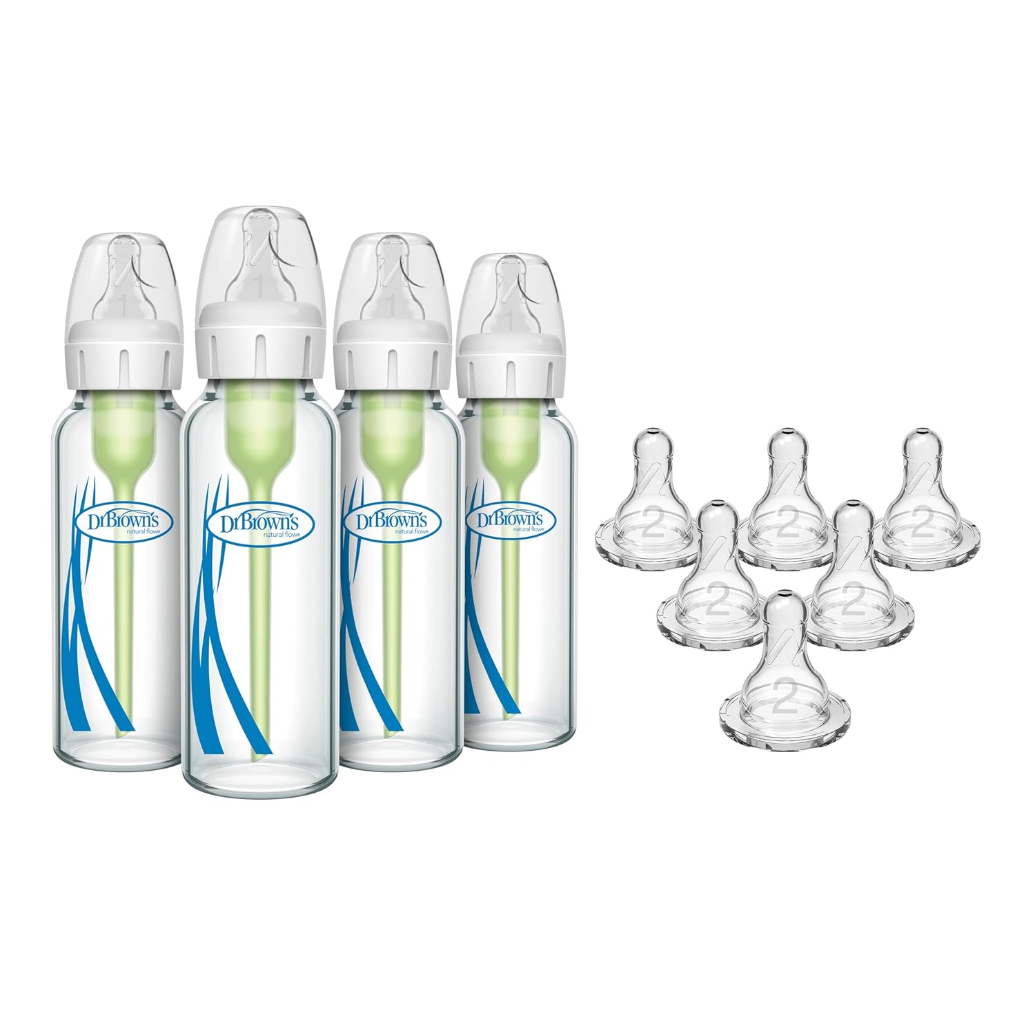 Dr. Brown’s Anti-Colic Narrow Glass Baby Bottles 8 oz 4-Pack with Level 1 Nipples + Level 2 Medium Flow Narrow Silicone Nipples 6-Pack Bundle, BPA Free, 0m+ and 3m+
