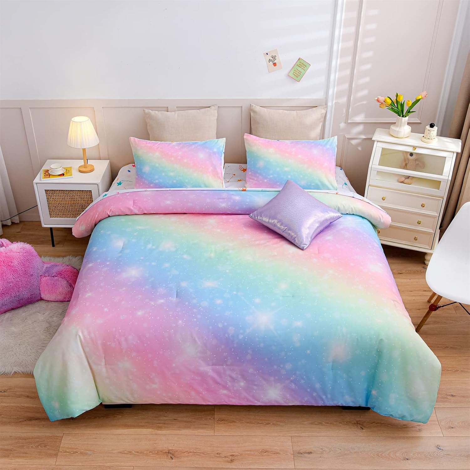 A Nice Night 6Pcs Gradient Glitter Twin Comforter Sets for Kids | Colorful Rainbow Galaxy Bedding Set,Bed In A Bag With Sheet Sets,Ultra Soft,Machine Washable,For Boys Girls Teen,All Seasons