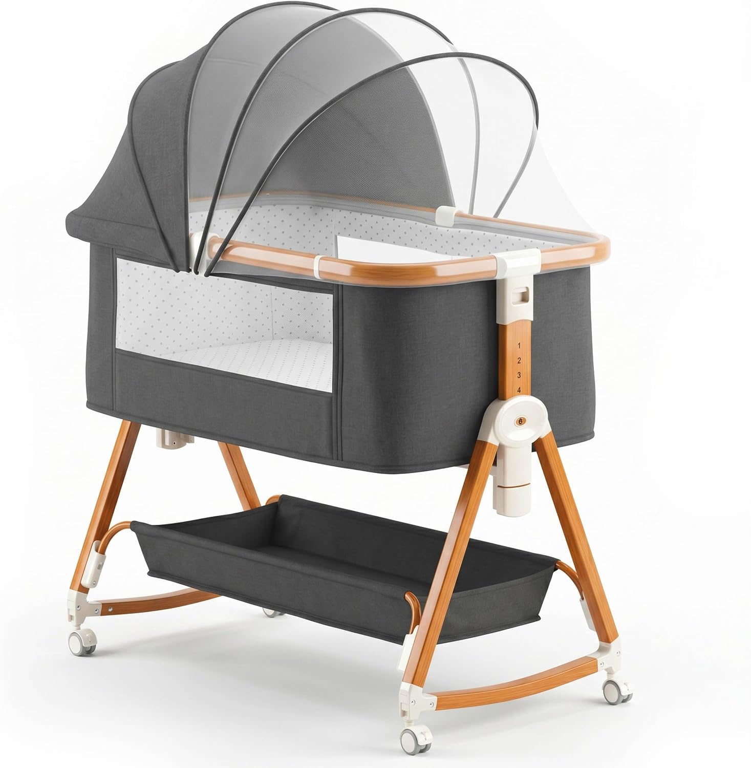 Spacelog 3 in 1 Baby Bassinet Bedside Sleeper – Adjustable Height Bedside Bassinet with Rocking Mode, Thick Mattress, Incline Setting, Mosquito Net & Toy Arch, for Newborns and Infants