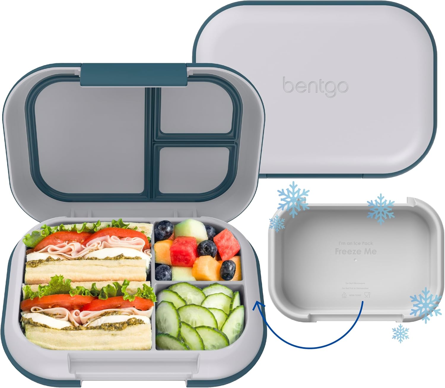 Bentgo Chill Max Leak-Proof XL Bento-Style 3 or 4 Compartment Lunch Box | Included Ice Pack Keeps Food Cold; 5-Cup Capacity for Adults & Ages 8+, BPA-Free, Dishwasher Safe (Fog & Deep Teal)