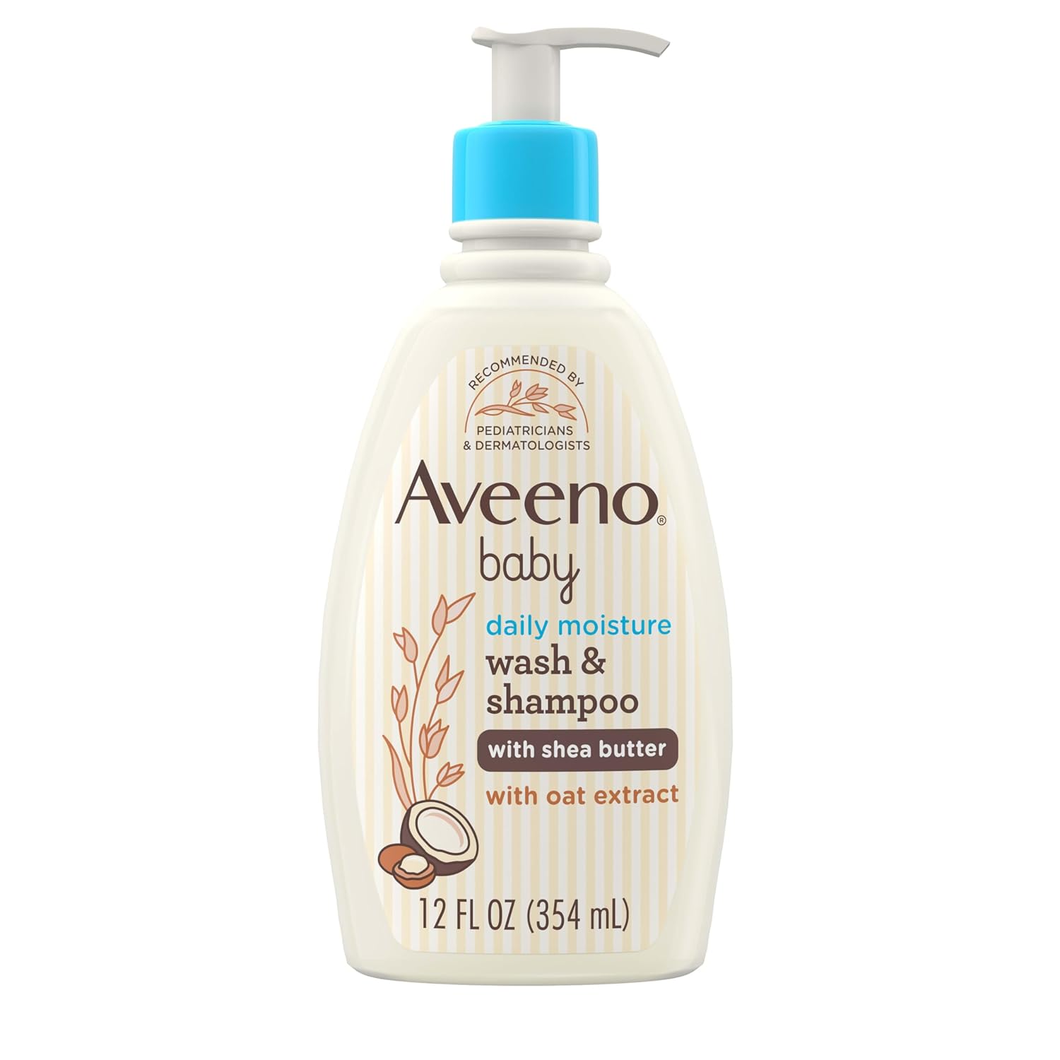 Aveeno Baby Daily Moisturizing Wash & Shampoo, Coconut Scent, 12 fl oz | Baby Wash & Shampoo Formulated with Shea Butter & Oat Extract, Suitable for Sensitive Skin & Scalp
