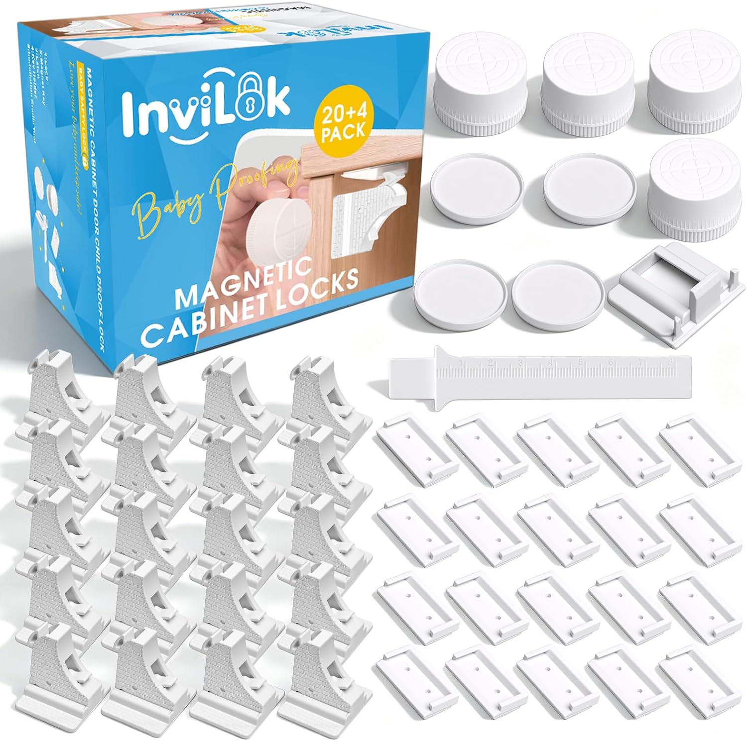 Magnetic Cabinet Locks Baby Proofing (20 Locks & 4 Keys) – No Drill | Tool-Free 3M Adhesive, Invisible Inside Cabinet, for Kitchen & Bathroom Drawers, Whole Home Childproofing