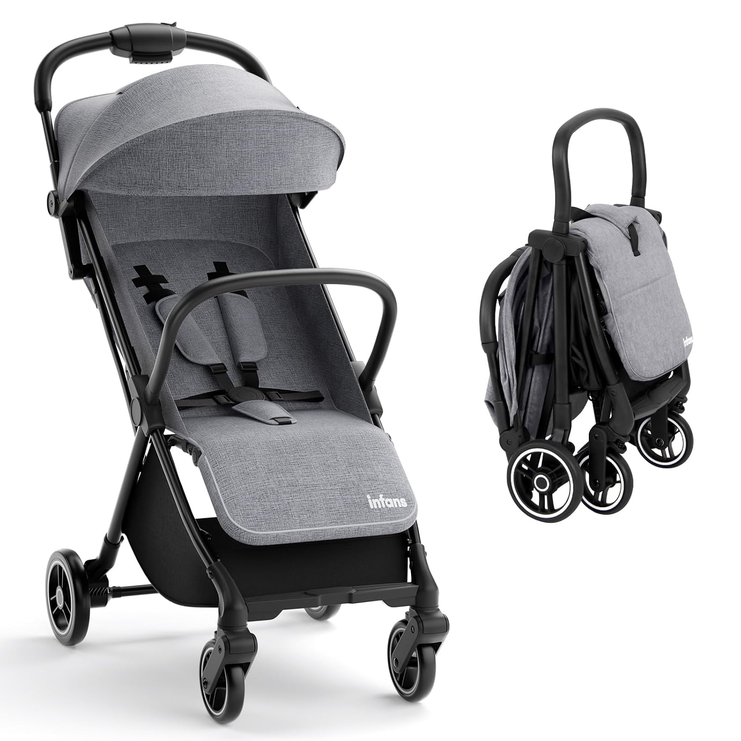 INFANS Ultra-Compact Fold Airplane Ready Travel Stroller, One-Hand Gravity Fold Near Flat Recline Seat, Foldable Toddler Stroller for Infant 6-36 Month