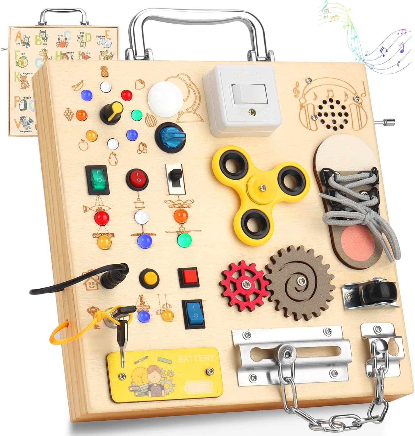 Wooden Montessori Busy Board with 17 LED Lights for Toddlers | Sensory Activity Board with Music Boxes & Locks, Travel Educational Toy, Birthday Gift for Boys & Girls