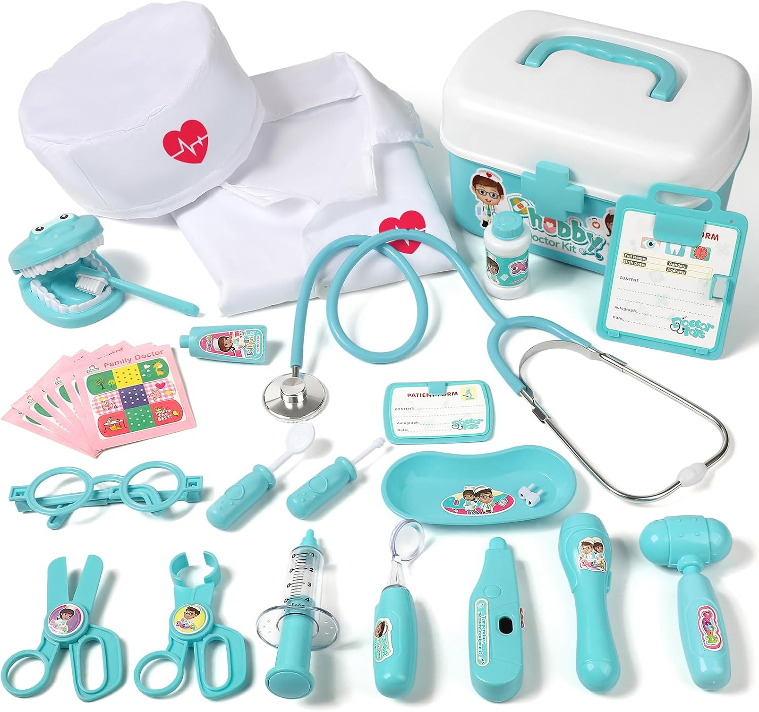Phobby Doctor Kit Toy for Kids 3-8 Years Old, Blue | Toddler Pretend Medical Kit, Real Stethoscope & Costume, Light & Sound Effect, Girls Boys Educational Birthday Gift, 27pcs