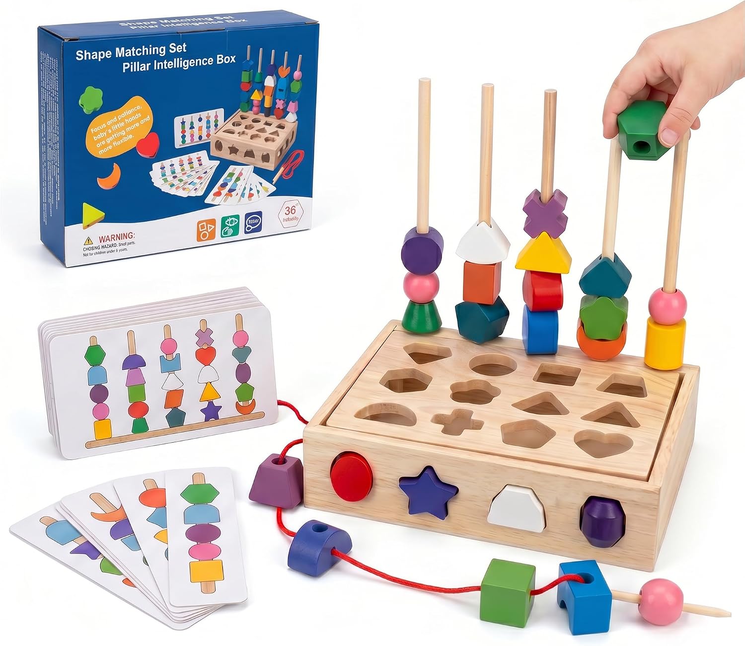 Sorting Stacking Sequencing Lacing Beads Toy with Pattern Cards | 4 in 1 Montessori Wooden Shape Sorter Toy, Fine Motor Skills Learning Toy for Toddlers Preschool Boys Girls