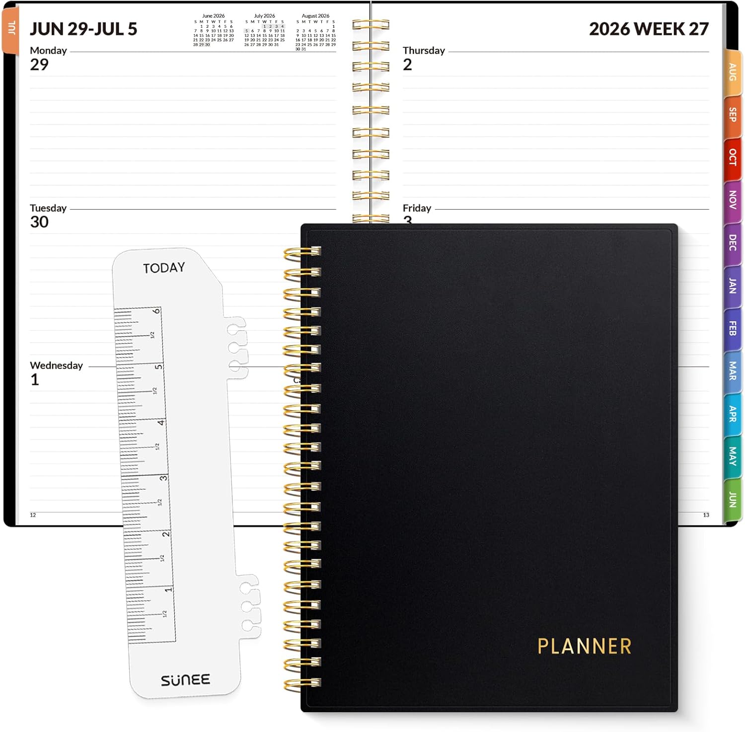 SUNEE Academic Planner 2026-2027 – Weekly & Monthly Planner, July 2026 to June 2027, 6.4″x8.3″, Thick Paper, Tabs, Pockets, Bookmark, Spiral-Bound, Student Teacher Organizer, Black