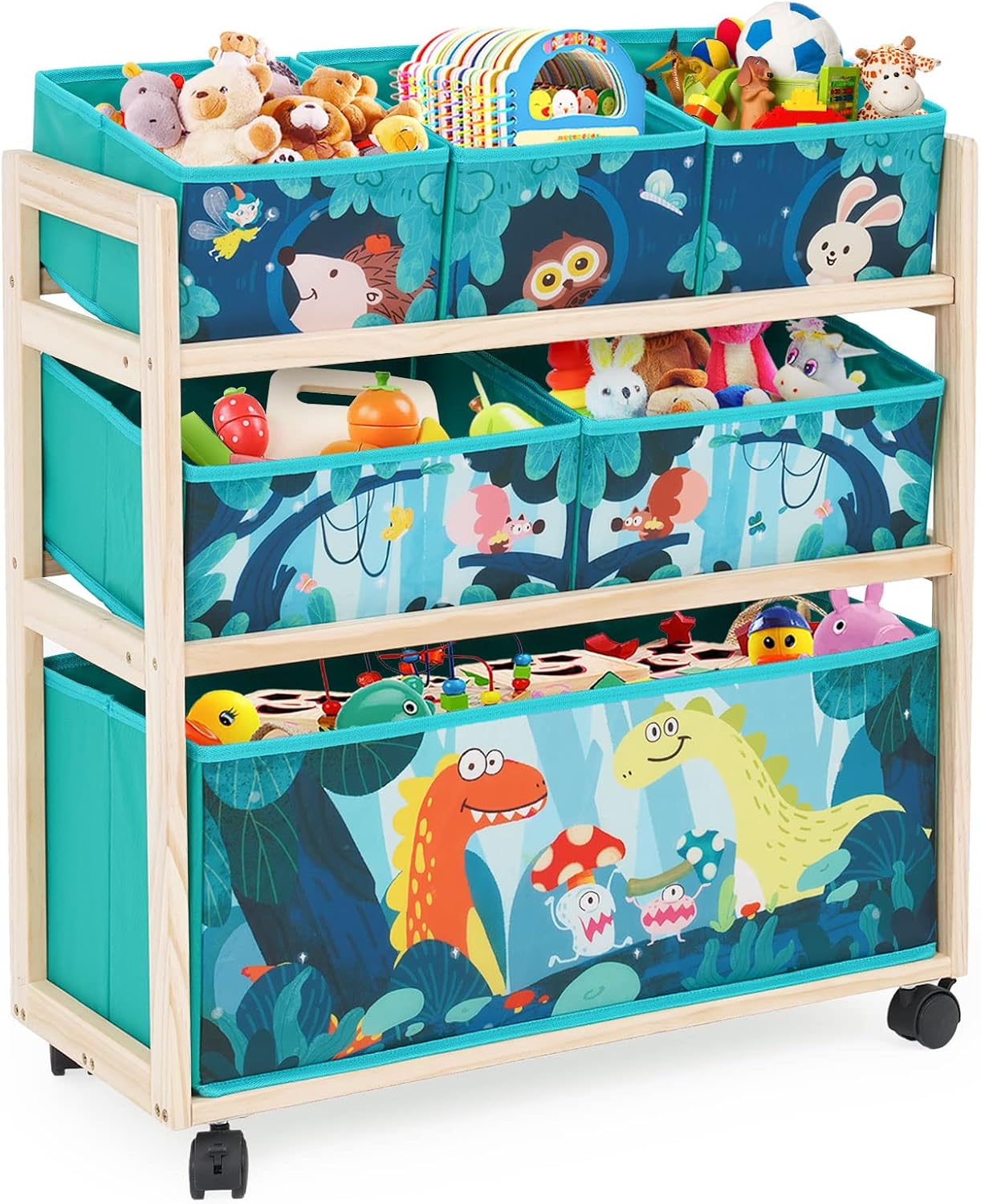 Jomifin Toy Storage Cart with Wheels, 6 Bins Organizer for Kids | Sturdy pine wood frame with 360° rolling wheels & brakes. 6 removable foldable fabric bins. Compact design saves space