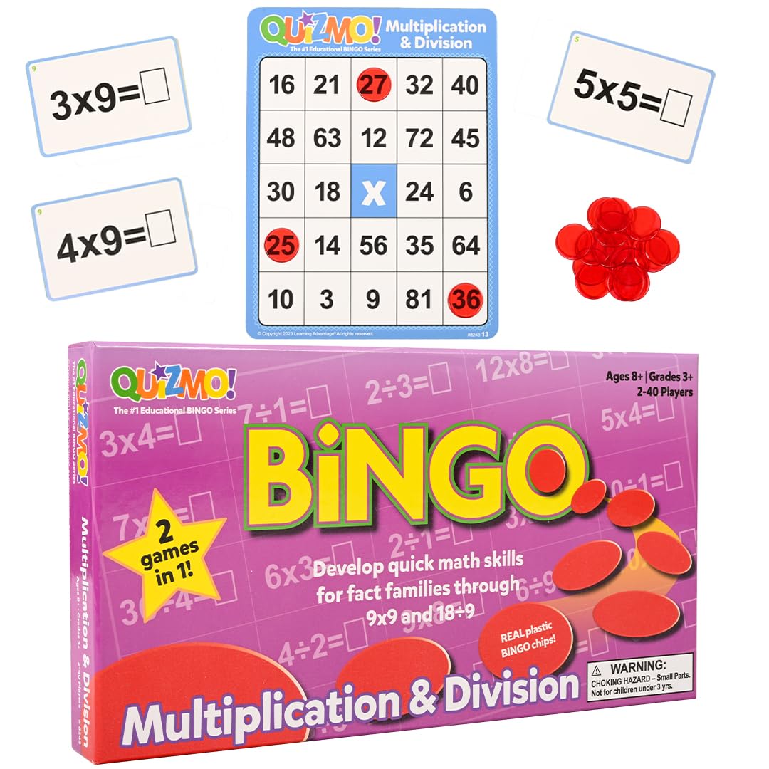 LEARNING ADVANTAGE QUIZMO Multiplication & Division, Bingo Style Math Game | 2 Game Modes for Ages 8+, Teach Basic Mathematics
