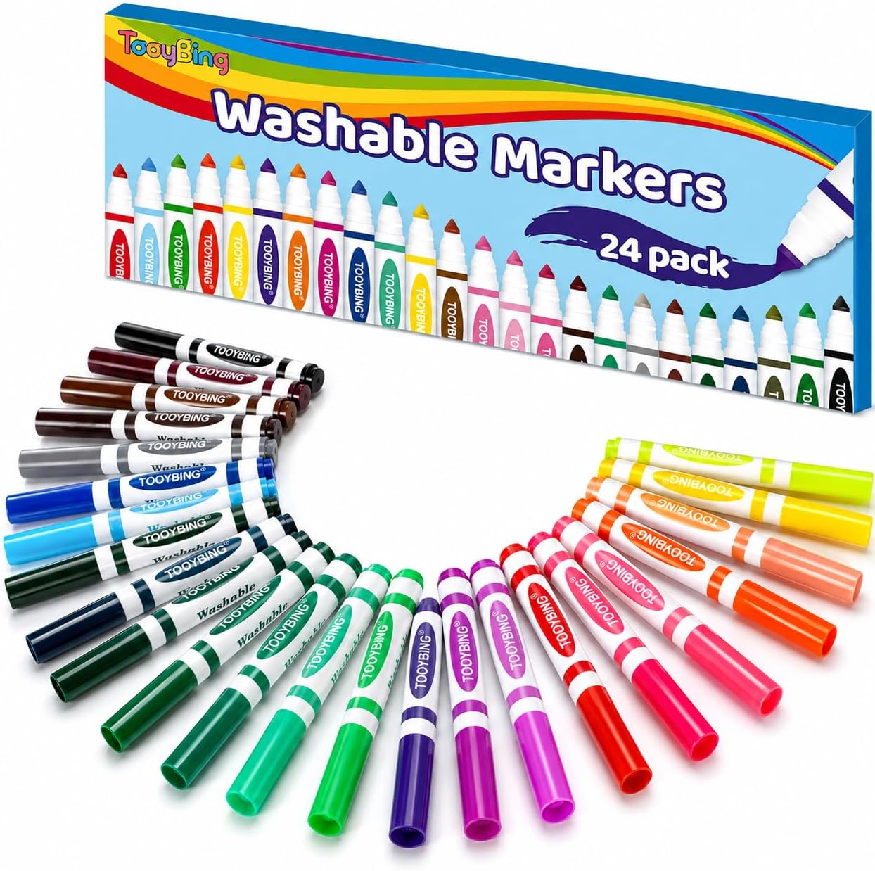 24 Count Washable Markers for Kids, Broad Line Markers with Conical Tip, Assorted Colors, Drawing Essentials for School Classroom, Student Teacher Must Have for Coloring Book, Art & Craft Supplies