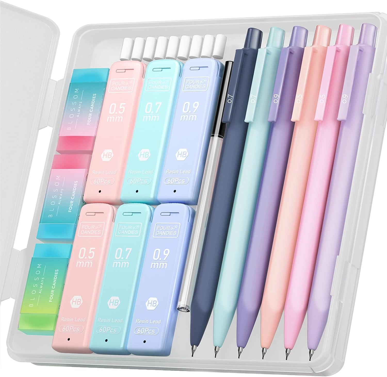 Four Candies Cute Mechanical Pencil Set, 6-Pack with Case | 0.5/0.7/0.9mm with 360 Leads, 3 Erasers, 9 Eraser Refills, Back to School Supplies for Girls, Aesthetic Stationery