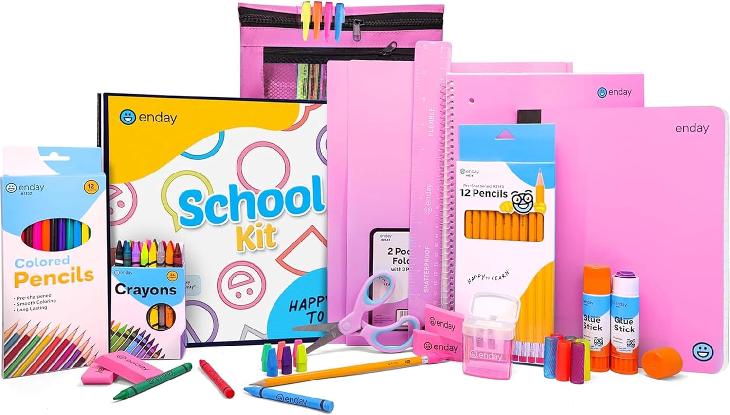 Enday Back to School Supplies for Kids, School Supply Grades K-5 | Premium Quality Kids School Supplies Kit, Kindergarten School Supplies, 78 Pcs Set (Pink, 1 Kit)