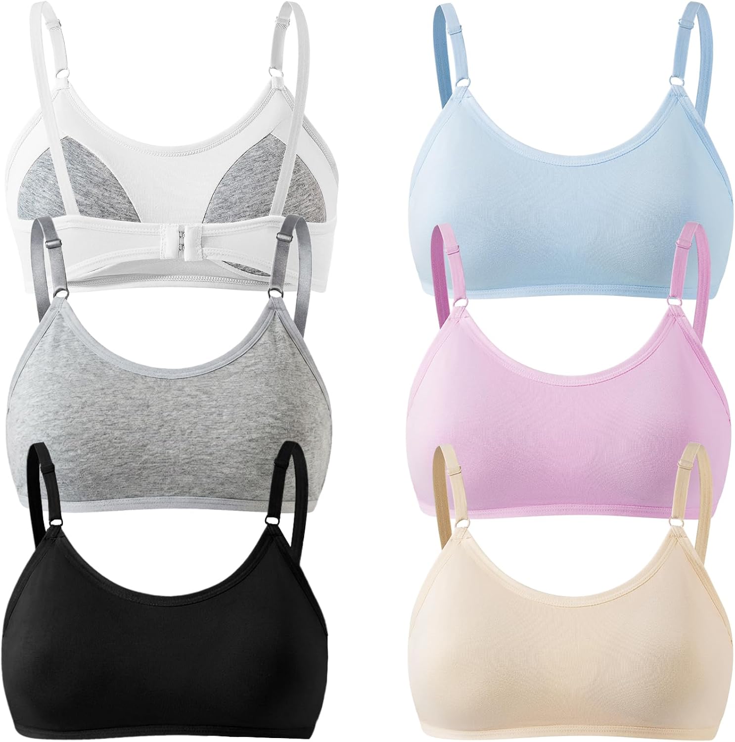 Teen Girls Sports Bras 6 Pack Cotton Underwear with Bra Pads and Adjustable Spaghetti Straps for Kids 10-18 Years