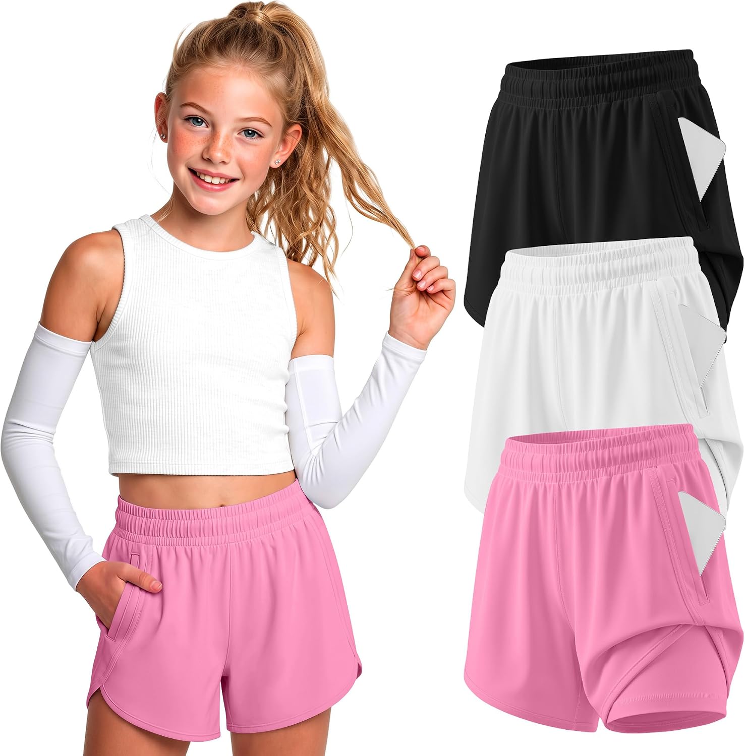 Yooo’s Vivi 3 Pack Girls’ Athletic Shorts | 2 In 1 Shorts, Running Shorts, Built In Liner, Quick Dry, with Pockets, for Girls 5-14Y, Summer, Gym, School, Outdoor Play