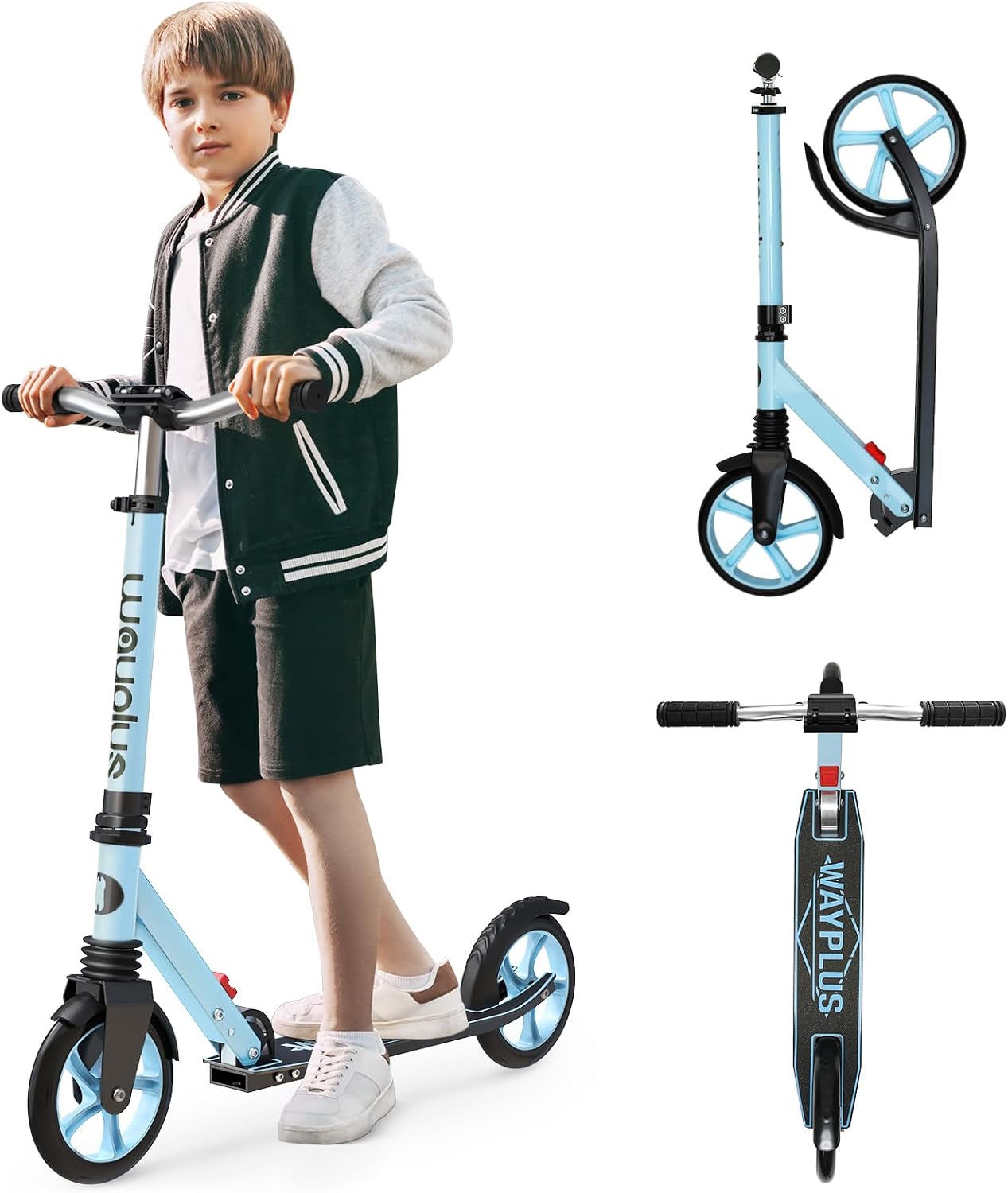 WAYPLUS KS1 Kick Scooter for Ages 6+,Kid,Teens & Adults.8 Big Wheels,240lb | One-button Fold, Lightweight, 4 Adjustable Height,Bearing ABEC9,20″Wide Handle bar,Front Suspension,Rear Brake,Carry Strap