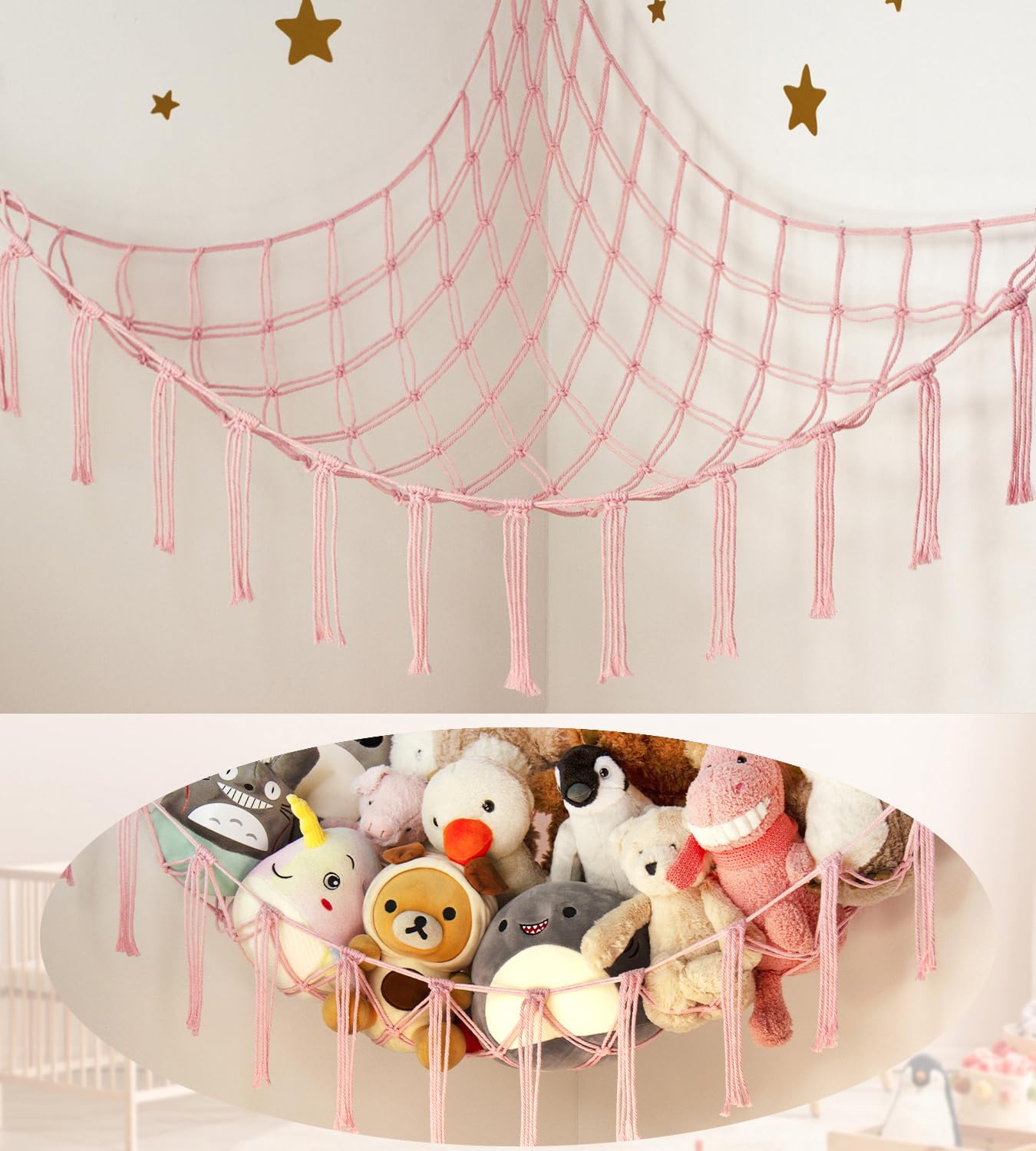 Stuffed Animal Storage Hammock Corner Net – Pink Room Christmas Decor for Teen Girls – Toys Storage Hanging Stuff Animal Organizer Holder Cute Stuff – Boho Nursery Dorm Bedoom Decor Aesthetic