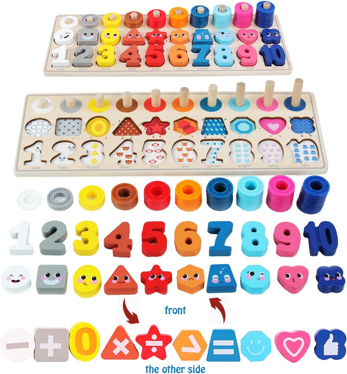 QZMTOY Wooden Montessori Toys for Kids, Toddler Number Puzzles Sorter Counting Shape Stacker Stacking Game Preschool Toys for Boy Girl Learning Education Math Blocks Chunky Puzzles Gift for Toddlers
