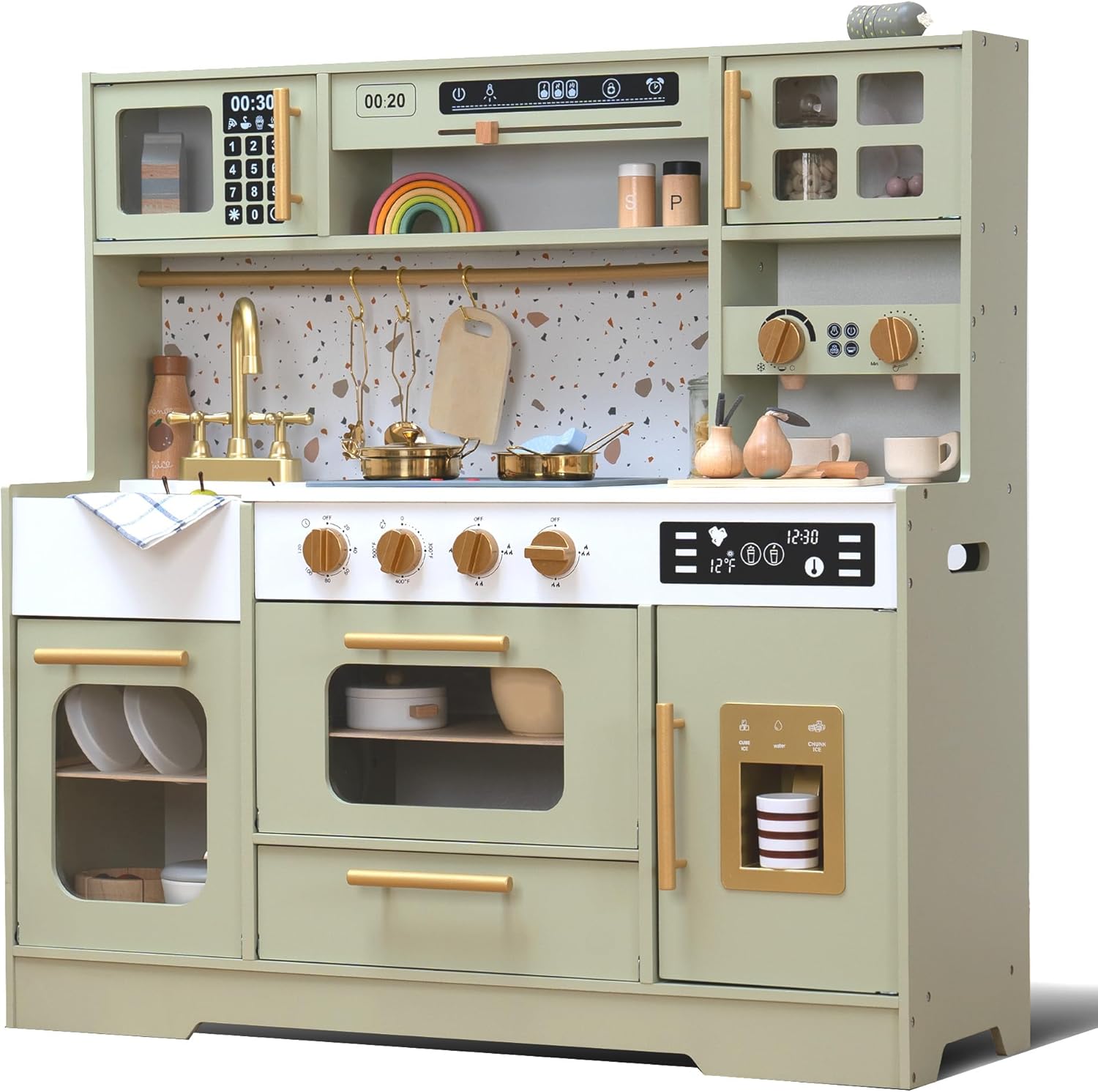 Wooden Play Kitchen with 15 Fun Accessories and Realistic Appliances Green | Interactive Coffee Maker, Microwave and Realistic Accessories Make This Wooden Kitchen a Birthday or Christmas Gift, Ages 3+