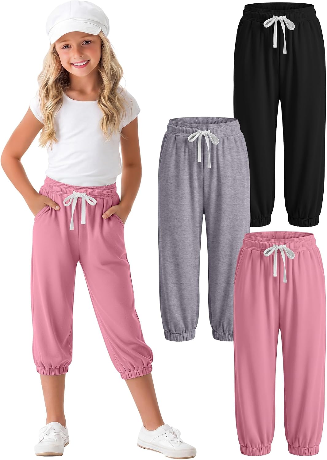 3 Pack Girls Capri Pants Crop Joggers | 5-14Y, Casual Sweatpants, Drawstring Elastic Waist, Side Pockets, Soft Stretch Fabric, School, Sports, Travel, Daily Wear,