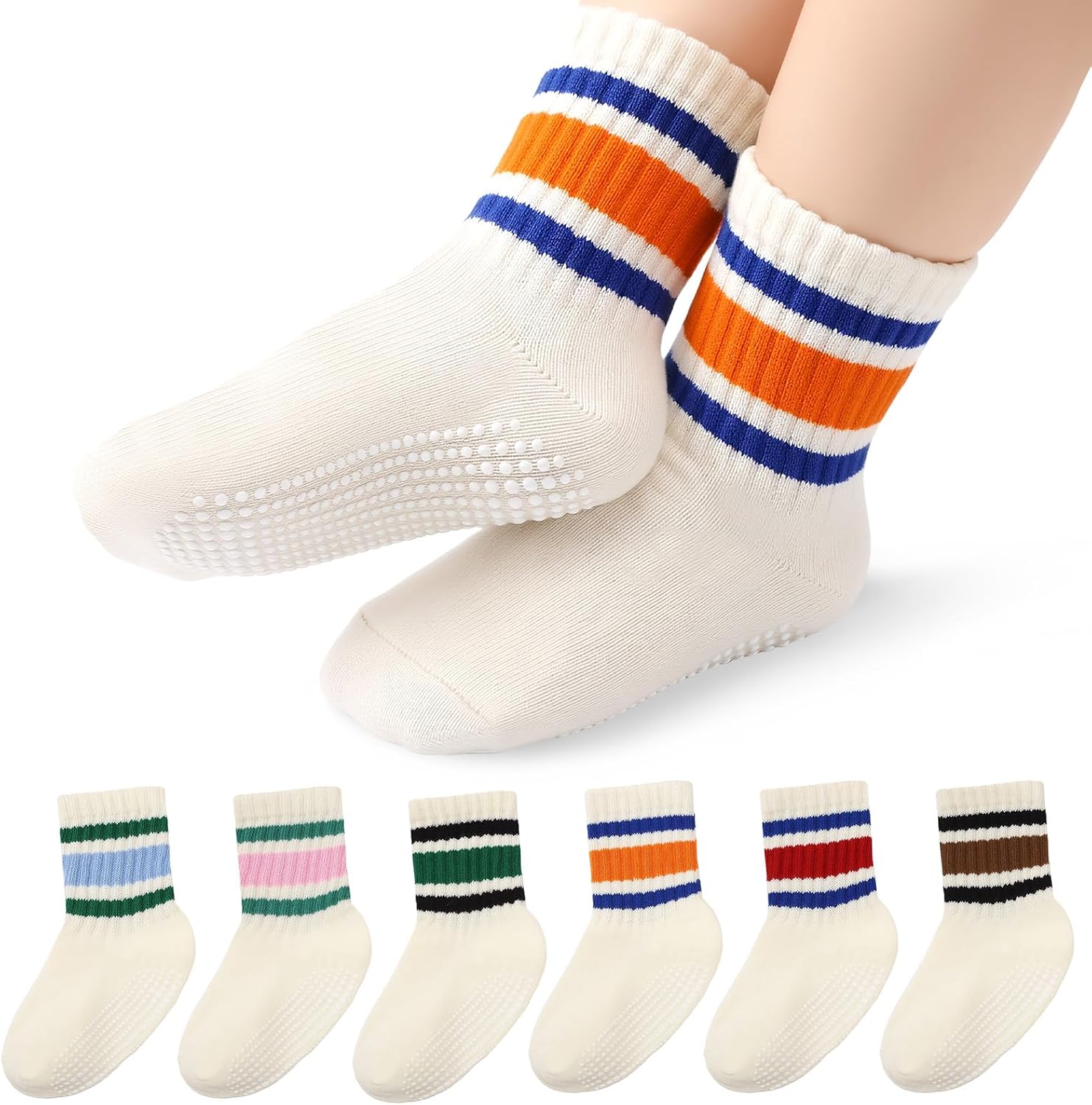 6 Pairs Toddler Non Slip Socks for 1-3 Years, Cotton Baby Grip Socks with Anti-Slip Grippers for Infant Boys Girls