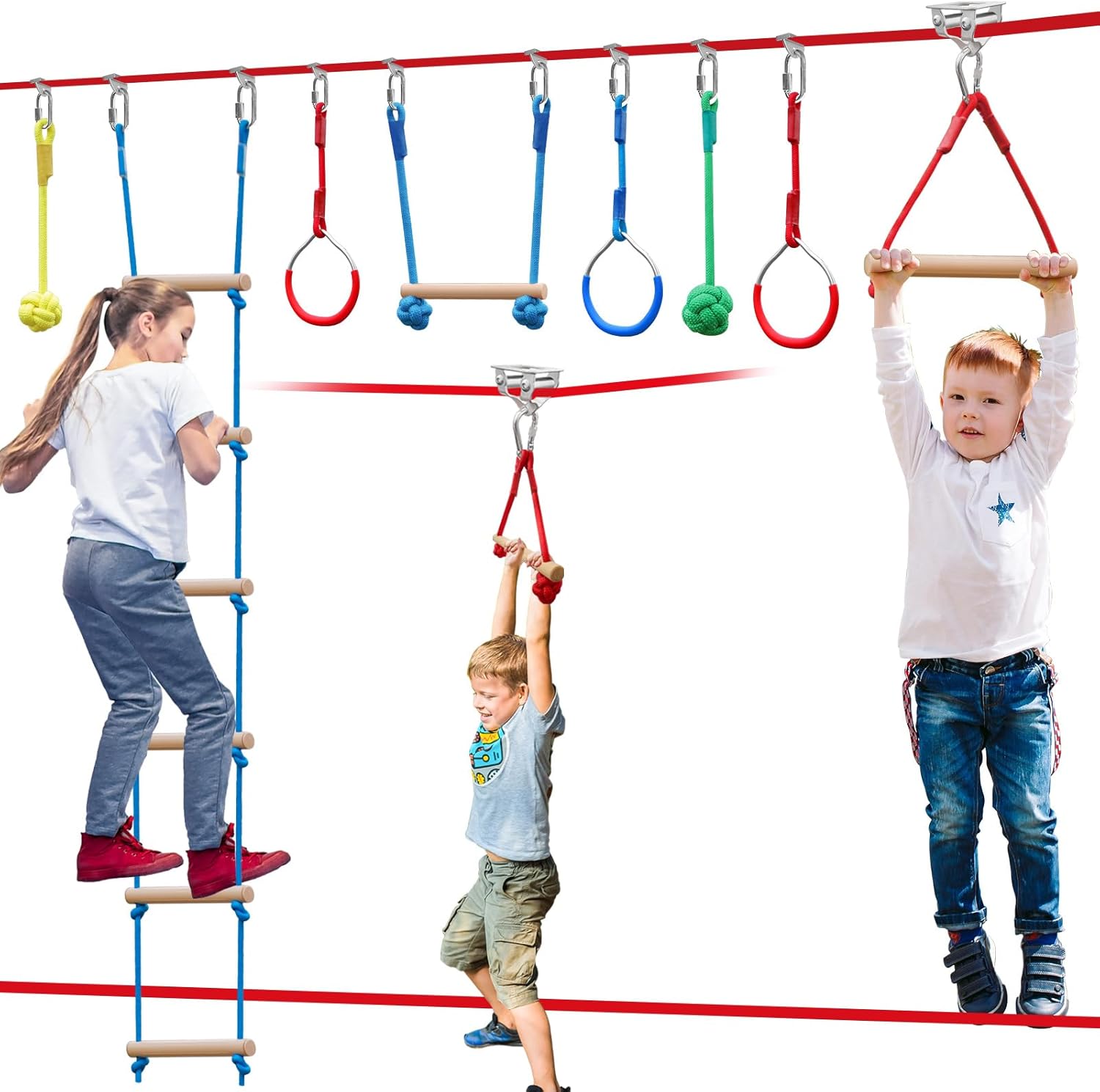 Ninja Warrior Obstacle Course for Kids-Ninja Slackline with Multiple Accessories for Kids,Contain Swings,Rope ladders,Rings,Ninja Couse for Kids Outside (60ft)